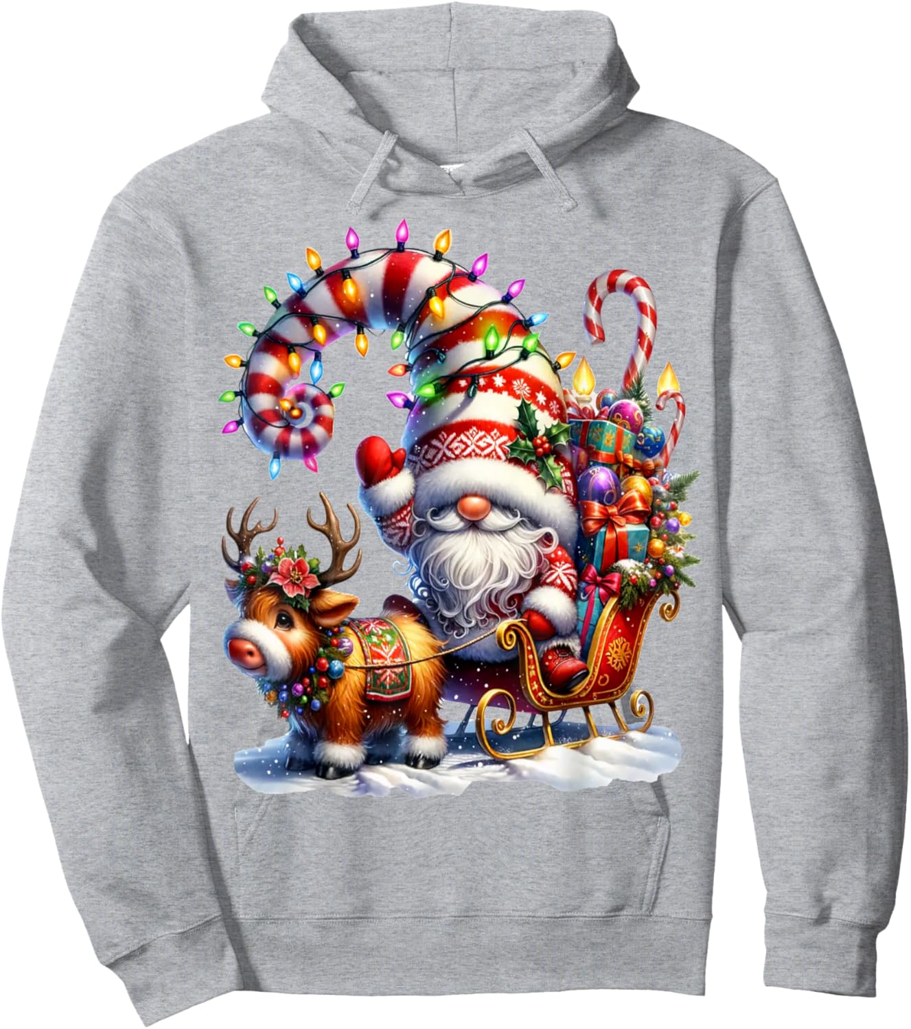 Christmas Light Gnome Santa Claus Riding Sleigh Highland Cow Hoodie - Hoodie | Ash