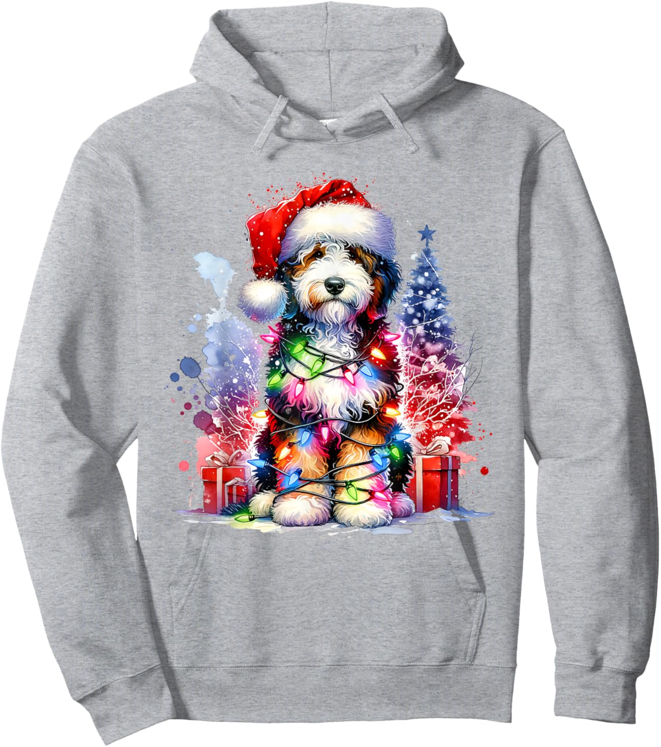 Festive Bernedoodle Dog Santa Hat Christmas Tree Lights Women Kids Hoodie - Hoodie | Ash
