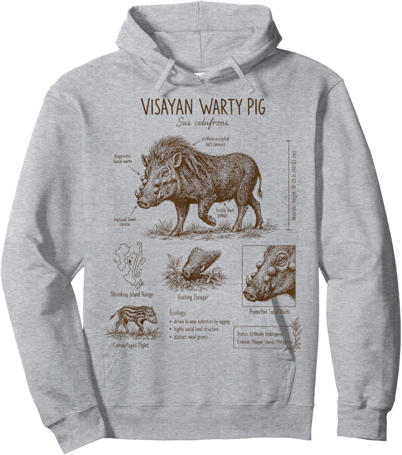 Visayan Warty Pig Anatomy Detailed Philippine Wildlife Hoodie - Hoodie | Ash