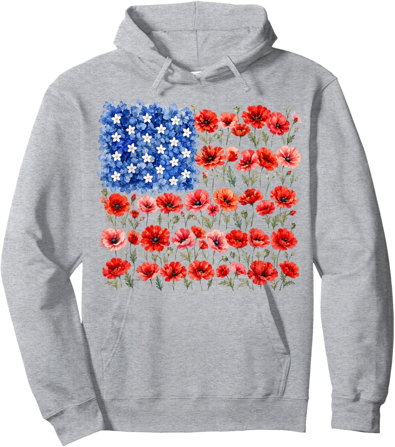 Red Poppy Flower American Flag Memorial Day Poppies Hoodie - Hoodie | Ash