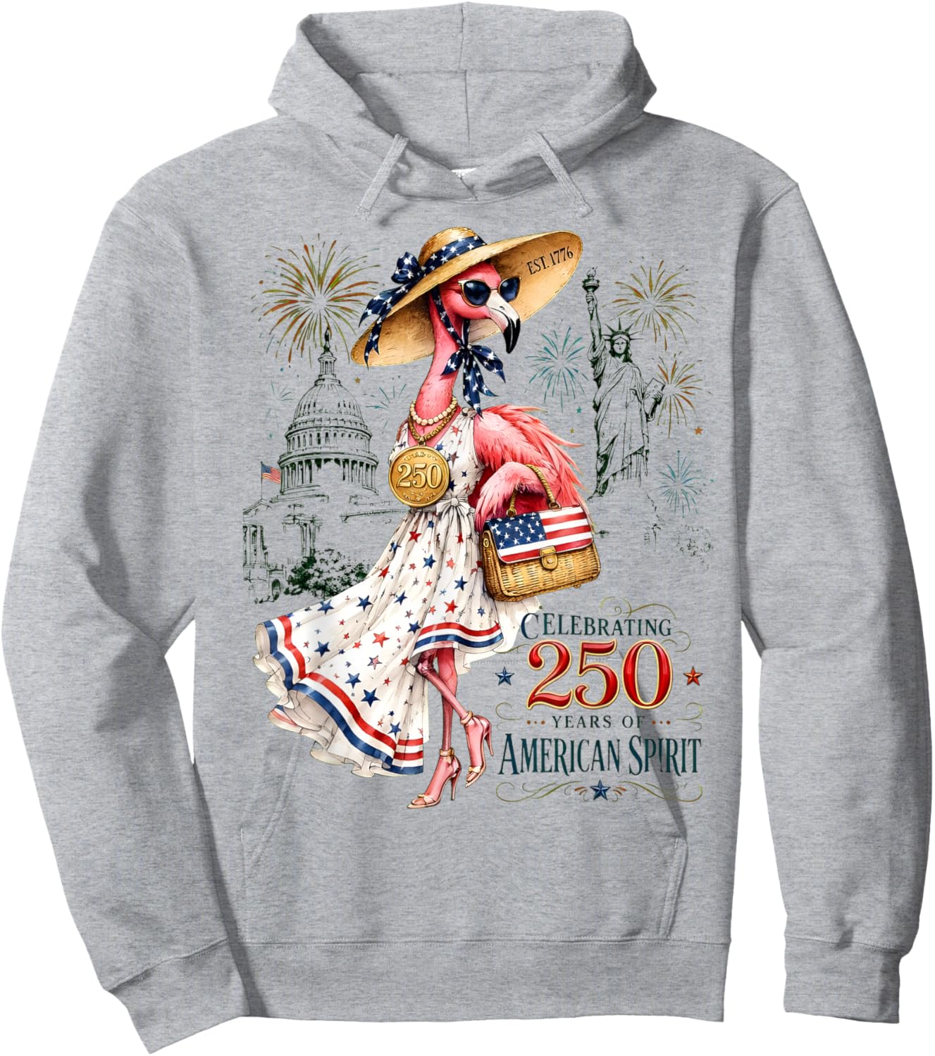 Patriotic Flamingo 250 Years Celebrating American Spirit Hoodie - Hoodie | Ash