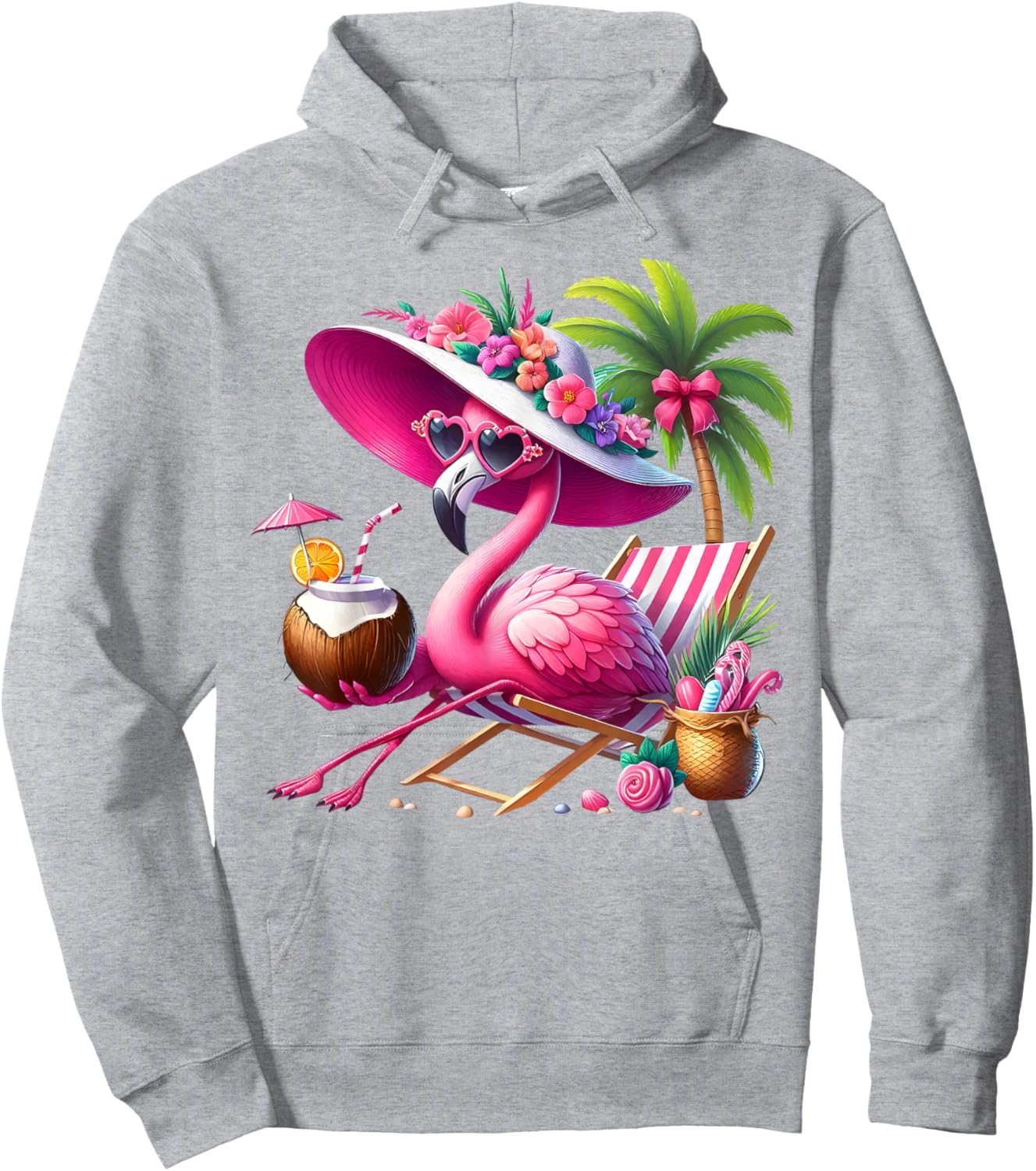 Flamingo Pink Palm Tree Tropical Beach Summer Vacation Women Hoodie - Hoodie | Ash