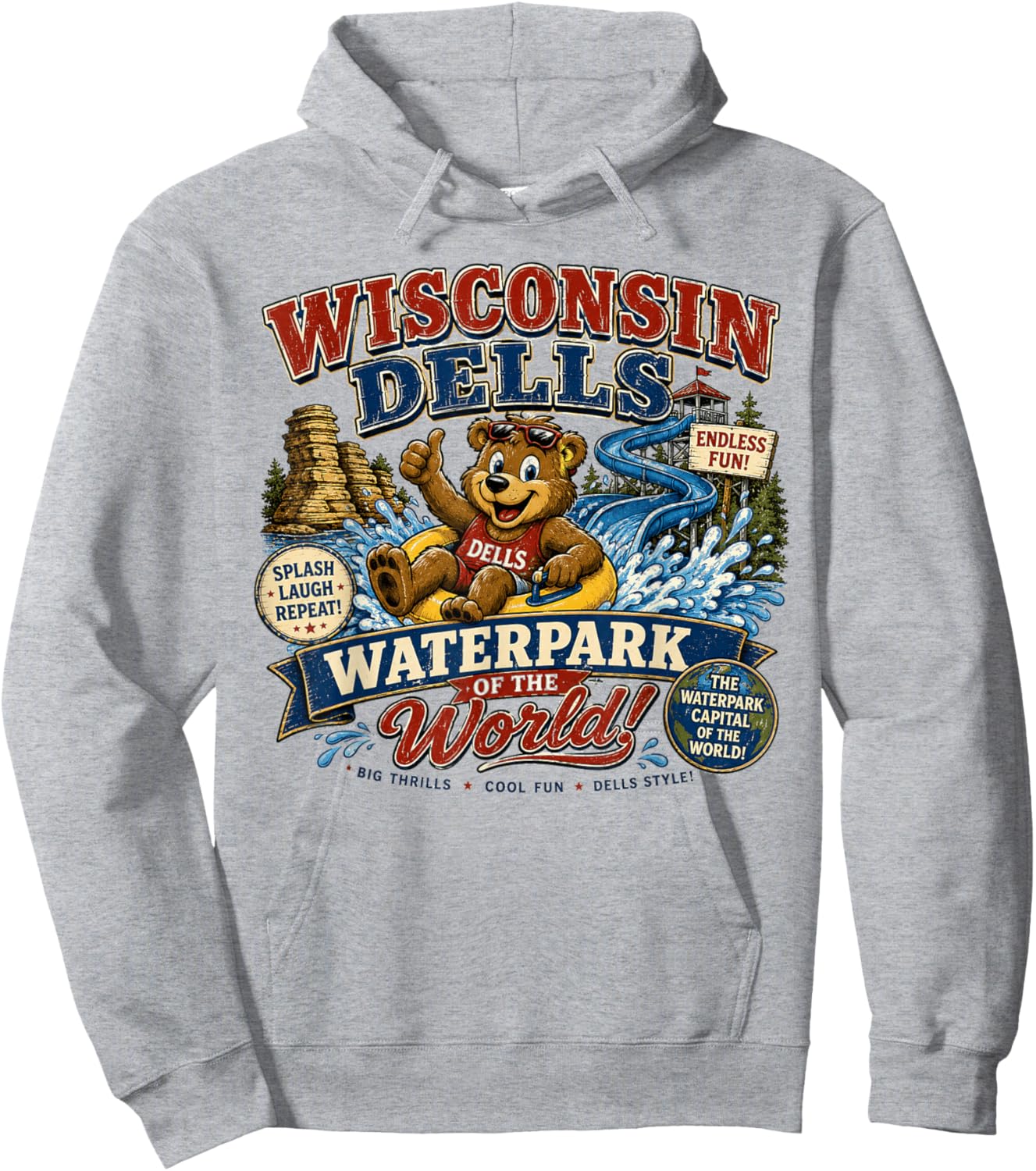 Wisconsin Dells Waterpark Capital - Vintage Bear Waterslide Hoodie - Hoodie | Ash