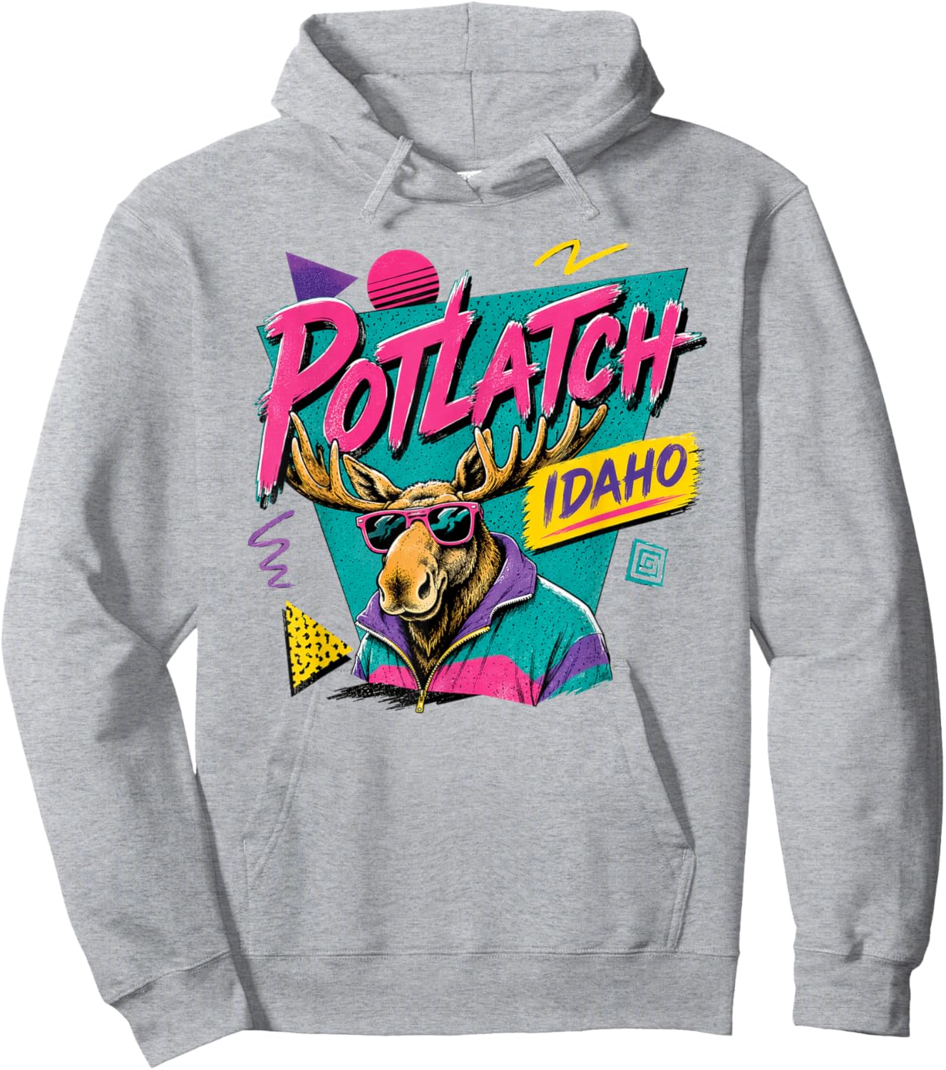 Potlatch Idaho Retro 80s 90s Funky Moose Wearing Sunglasses Hoodie - Hoodie | Ash