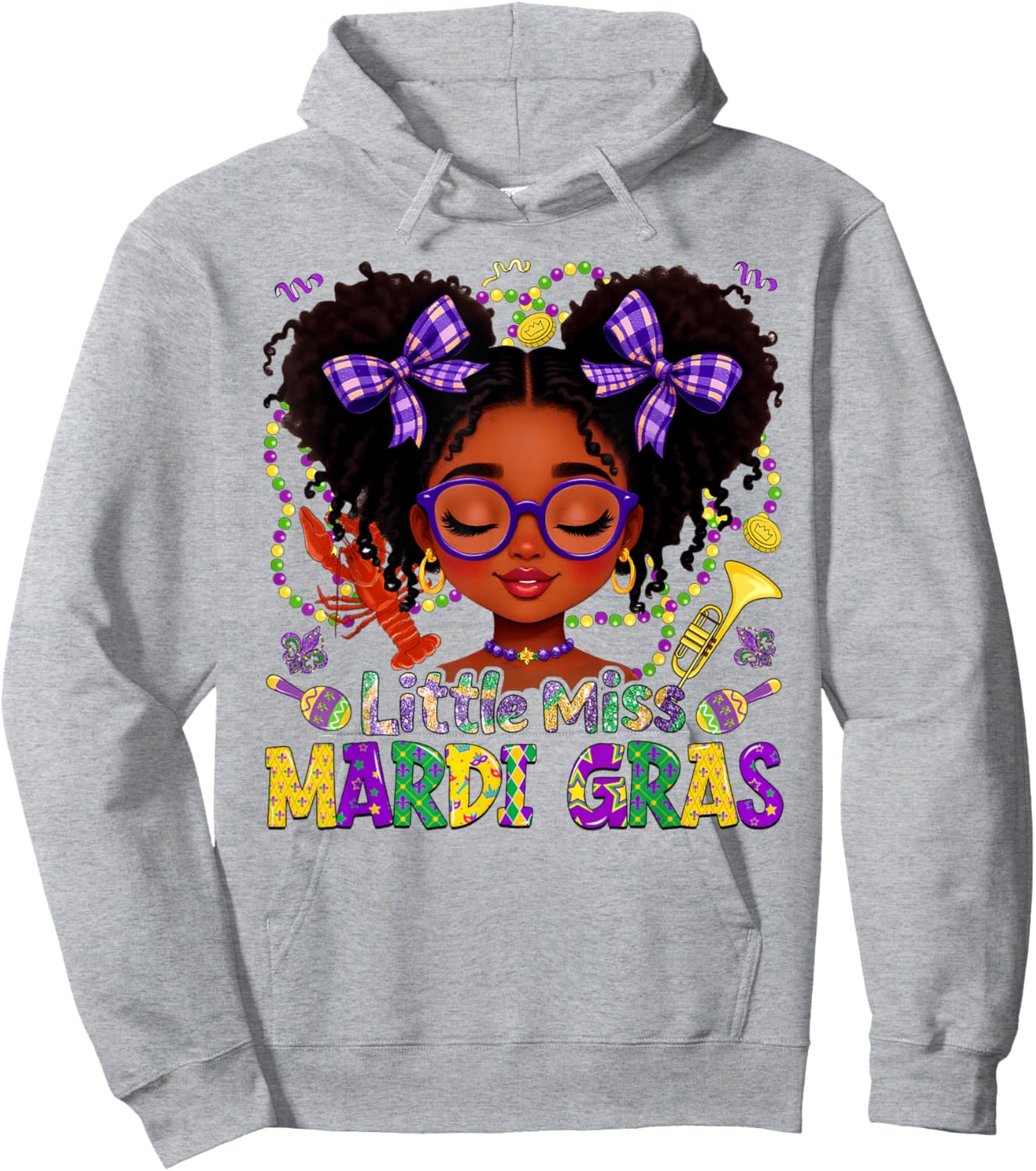Little Miss Mardi Gras Afro Messy Bun New Orleans Girls Kids Hoodie - Hoodie | Ash