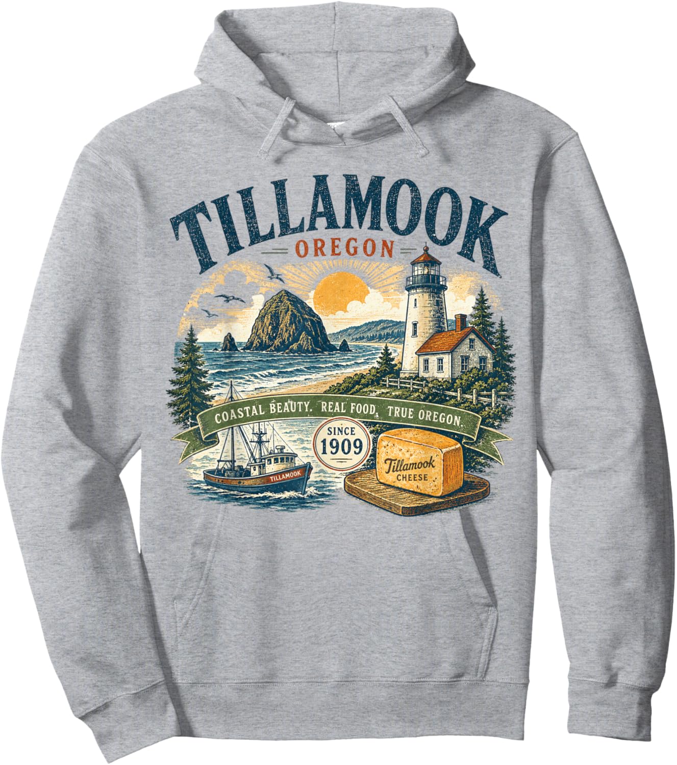 Tillamook Oregon Coastal Beauty - Vintage Retro Illustration Hoodie - Hoodie | Ash