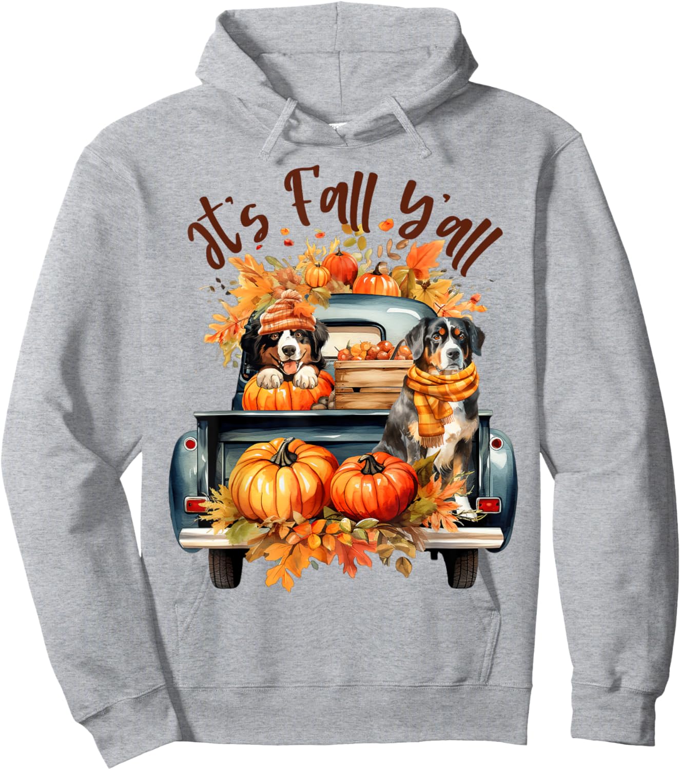 It’s Fall Y’all Bernese Mountain Dogs Pumpkins Truck Autumn Hoodie - Hoodie | Ash
