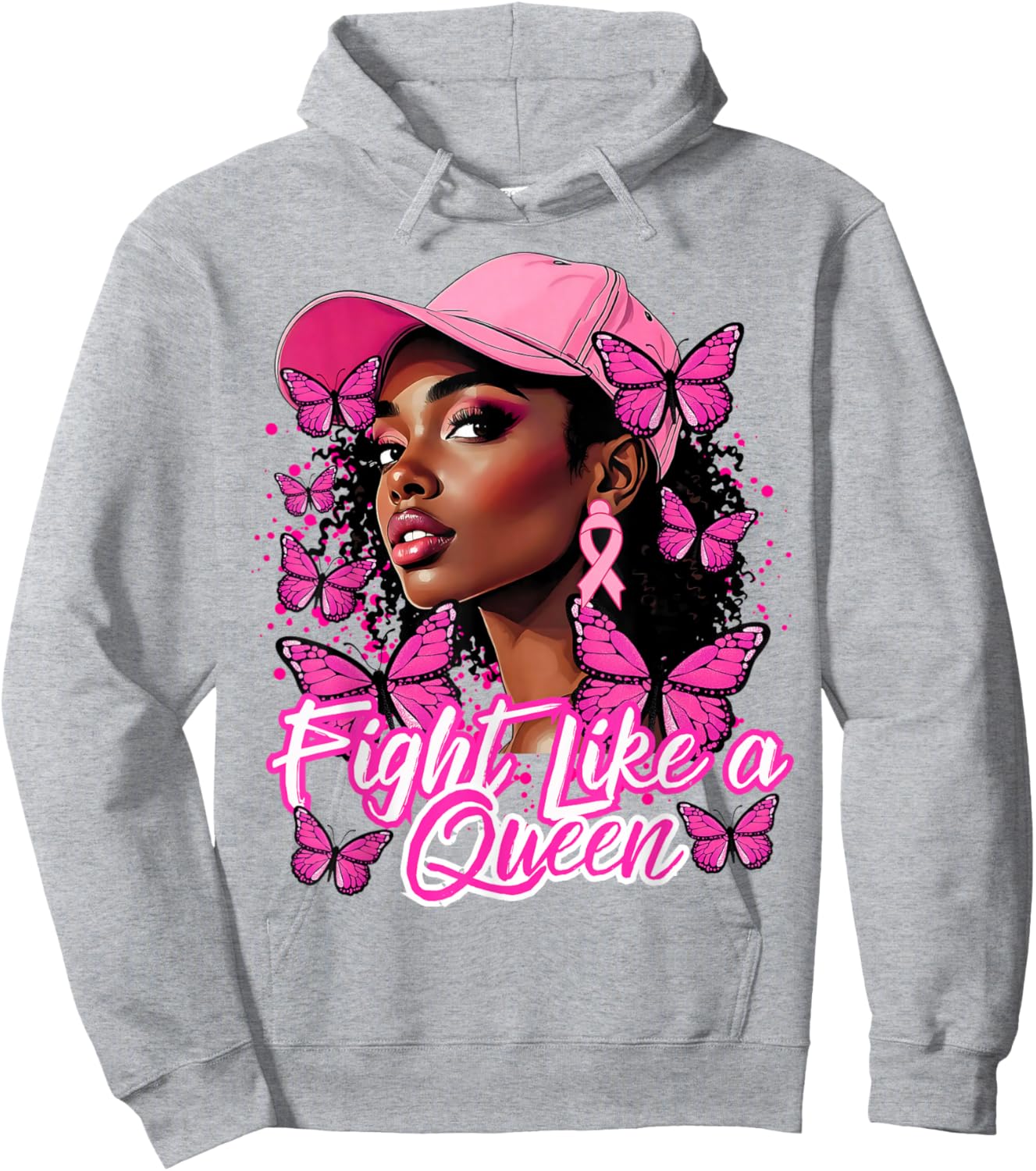 Black Afro Women Butterflies Breast Cancer Awareness Support Hoodie - Hoodie | Ash