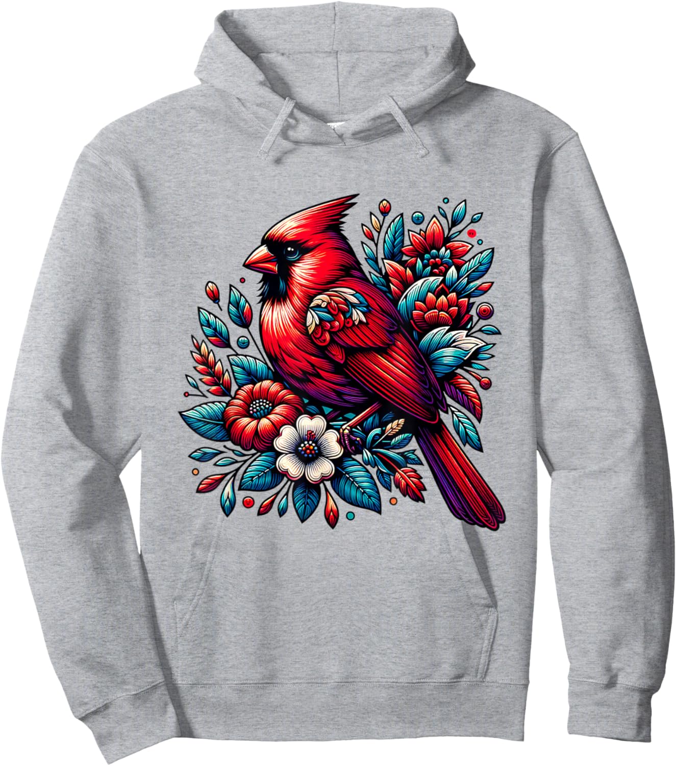 Cute Red Cardinal Bird Vintage Flowers Northern Cardinal Hoodie - Hoodie | Ash