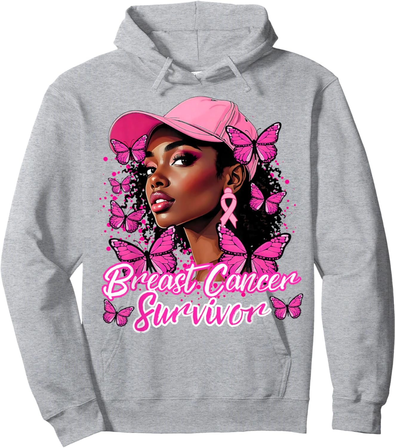 Black Afro Women Butterfly Breast Cancer Awareness Survivor Hoodie - Hoodie | Ash