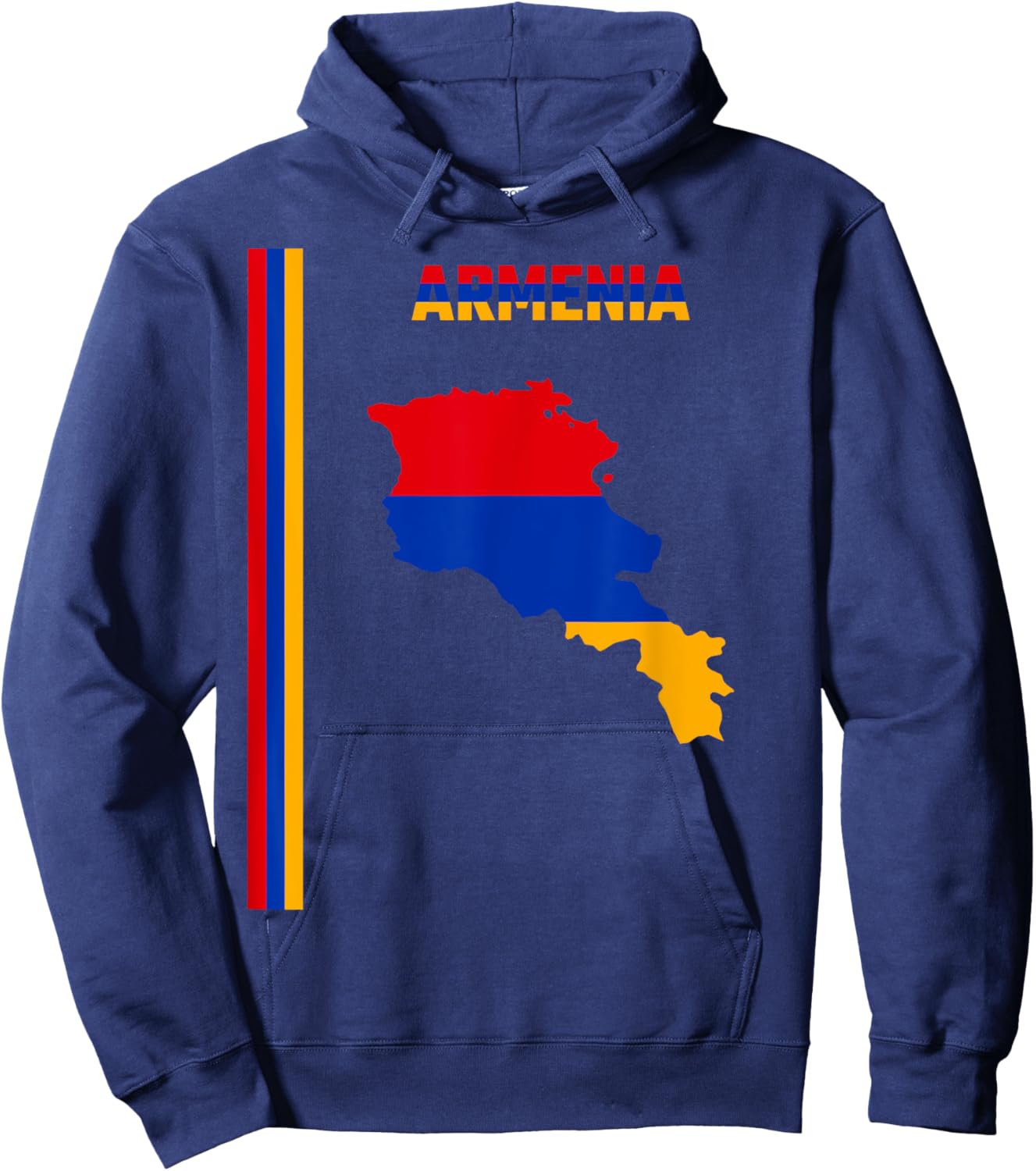 Vertical Armenian Flag, text “ARMENIA” & Silhouette map Hoodie - Hoodie | Navy