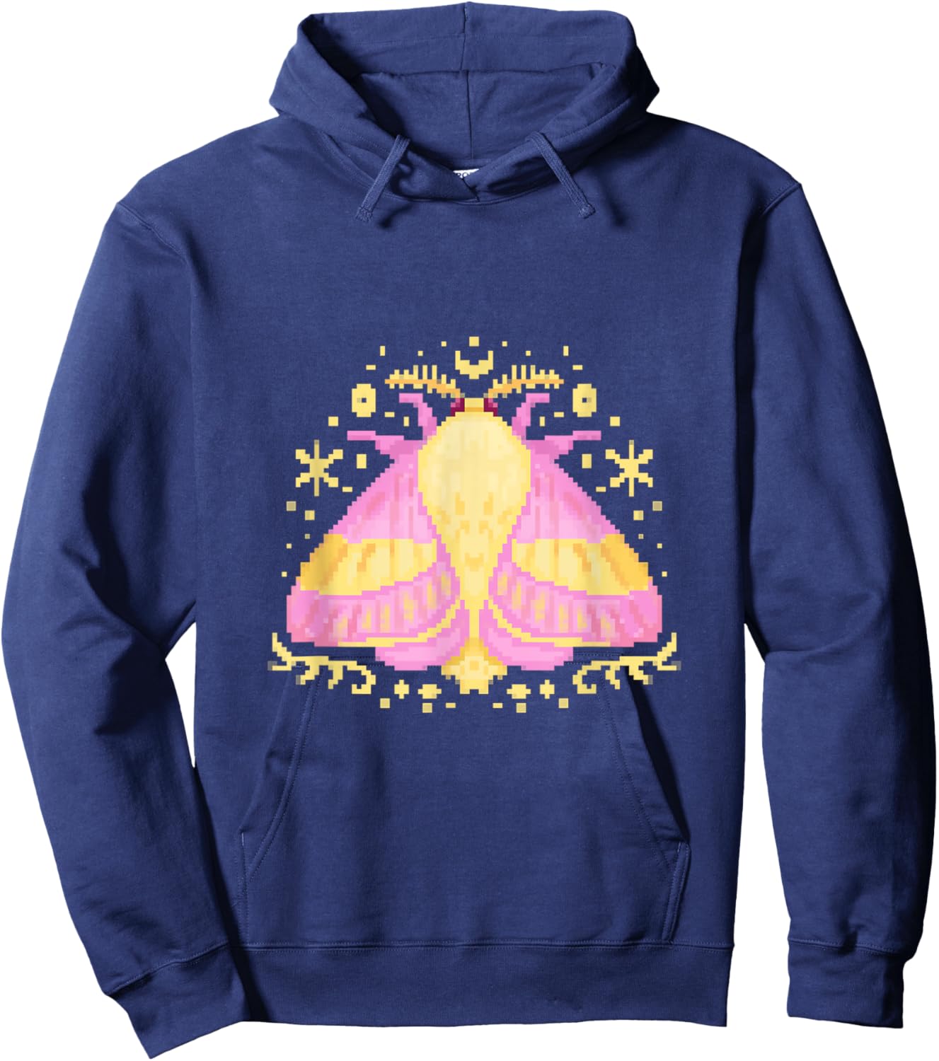 Rosy Pink Yellow Maple Moth Bug Butterfly PixelArt Hoodie - Hoodie | Navy