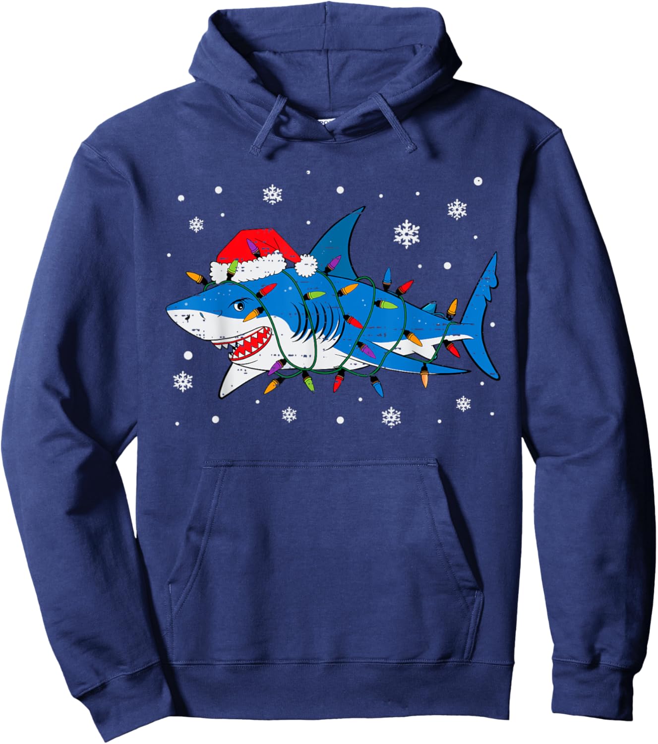 Shark Santa Hat Christmas Lights Xmas Pajama Men Women Kids Hoodie - Hoodie | Navy