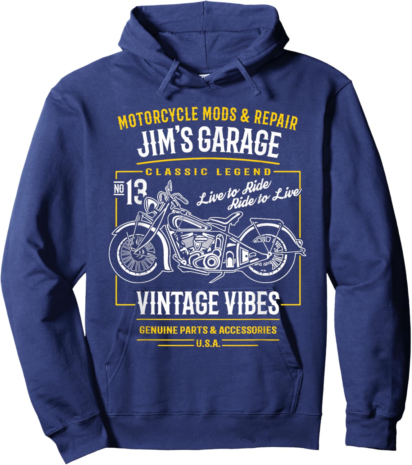 Jim's Garage Vintage Motorcycle Design for the Name Jim Hoodie - Hoodie | Navy