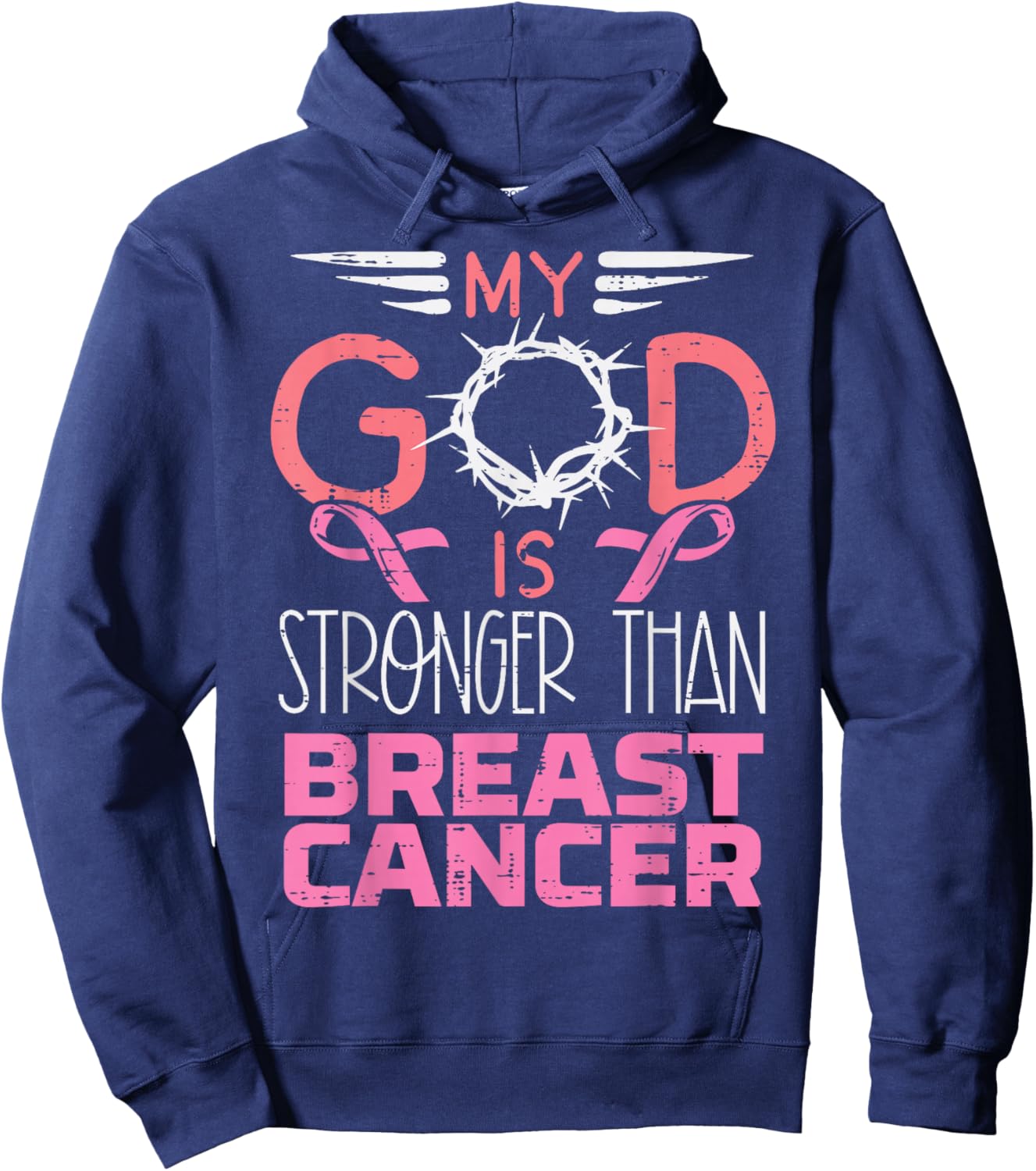 My God Stronger Than Breast Cancer Awareness Christian Women Hoodie - Hoodie | Navy