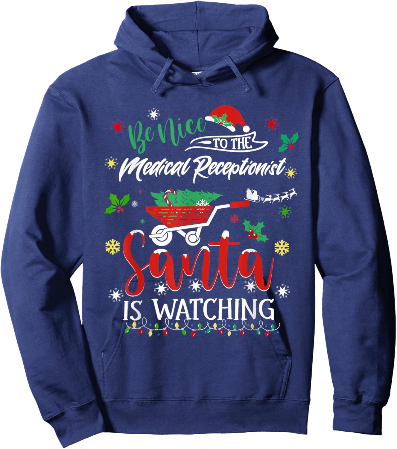 Funny Christmas Medical Receptionist Festive Holiday Pajama Hoodie - Hoodie | Navy