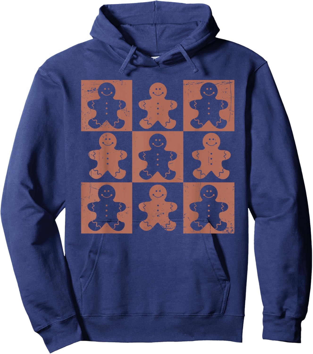 Vintage Christmas Gifts Women Men Gingerbread Retro Checkered Gingerbread Man Distressed Christmas Pajamas Hoodie - Hoodie | Navy