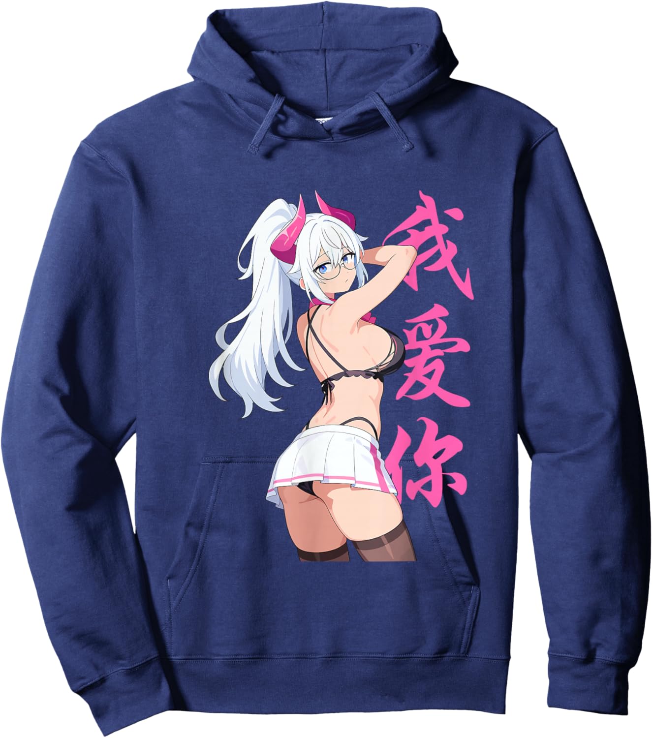 Waifu Sexy Anime Girl Horns Mini Skirt Japanese Retro Art Hoodie - Hoodie | Navy