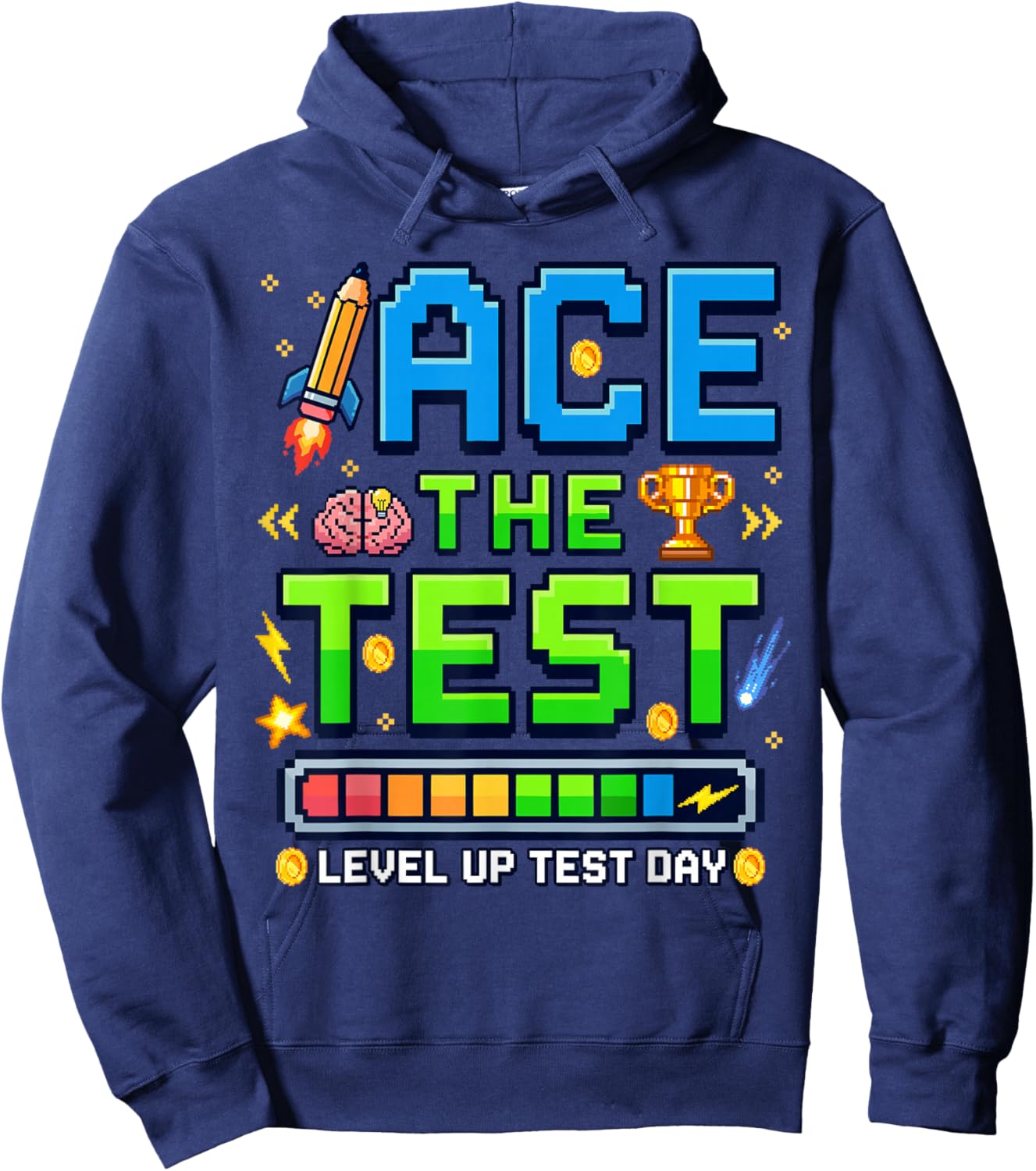 Ace The Test Level Up Test Day Pixel Gamer Style Motivation Hoodie - Hoodie | Navy