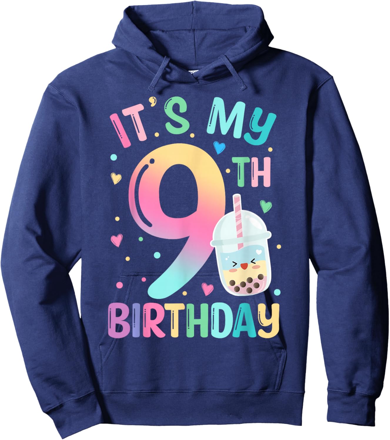 It's My 9th Birthday Bubble Boba Tea Party 9 Year Old Girl Hoodie - Hoodie | Navy