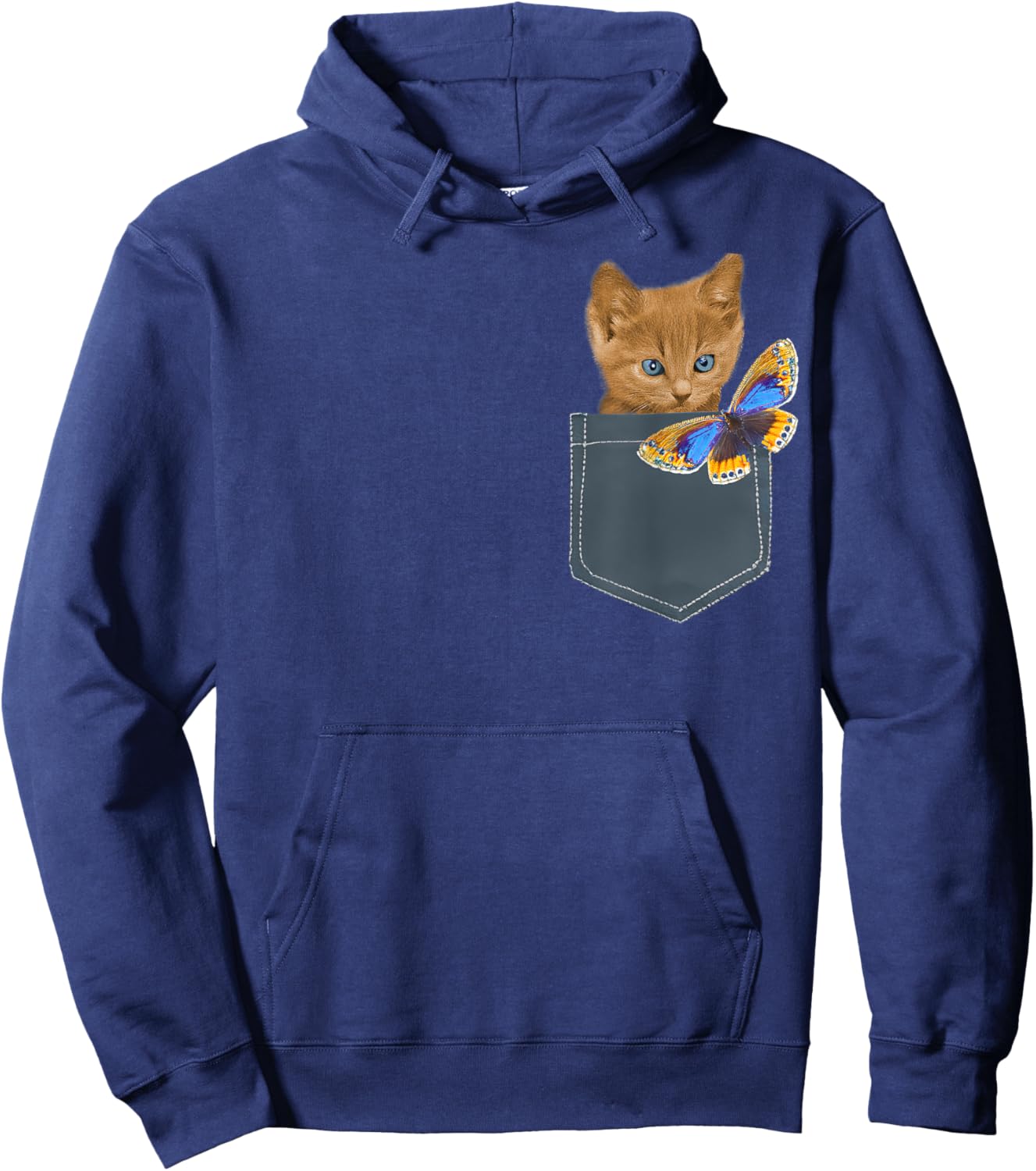 Funny Cat Shirt - Cat in Pocket Looking at a Butterfly Women Girls Kids Hoodie - Hoodie | Navy