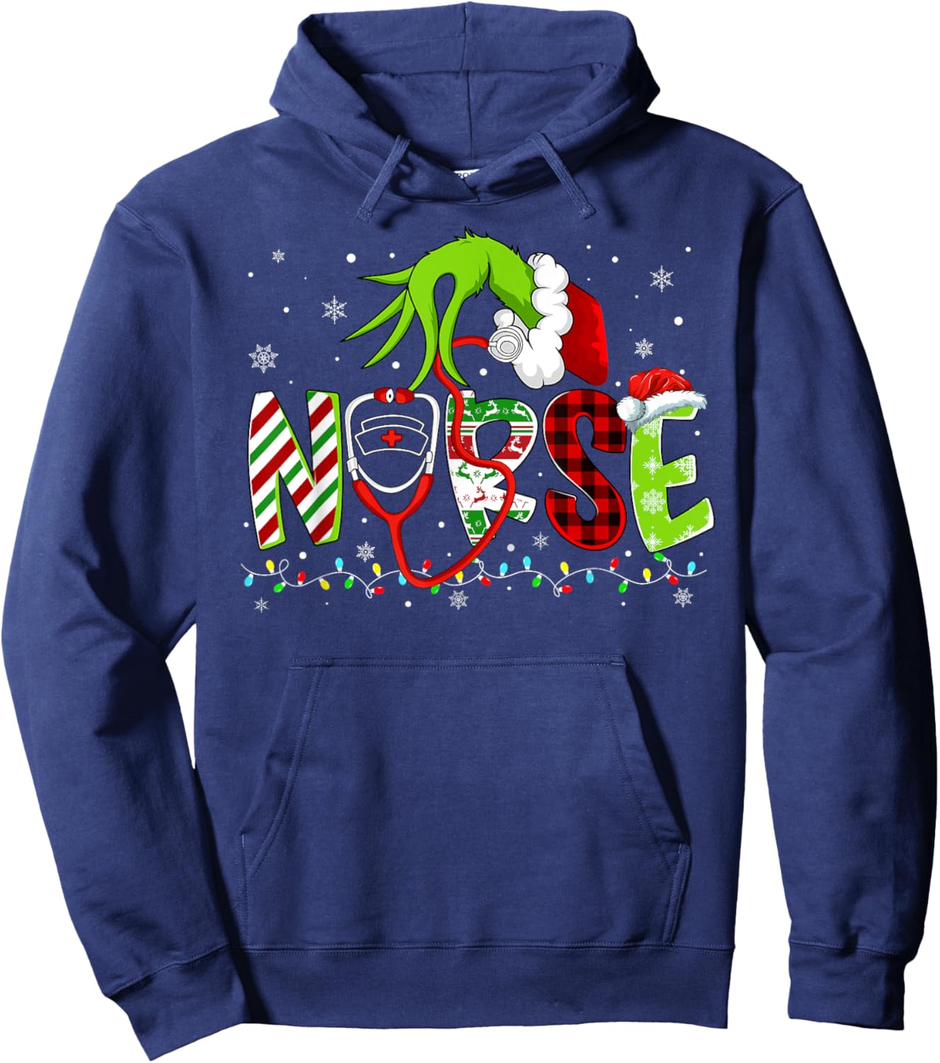 Nurse Funny Merry Christmas Stethoscope Lights Xmas Pajamas Hoodie - Hoodie | Navy