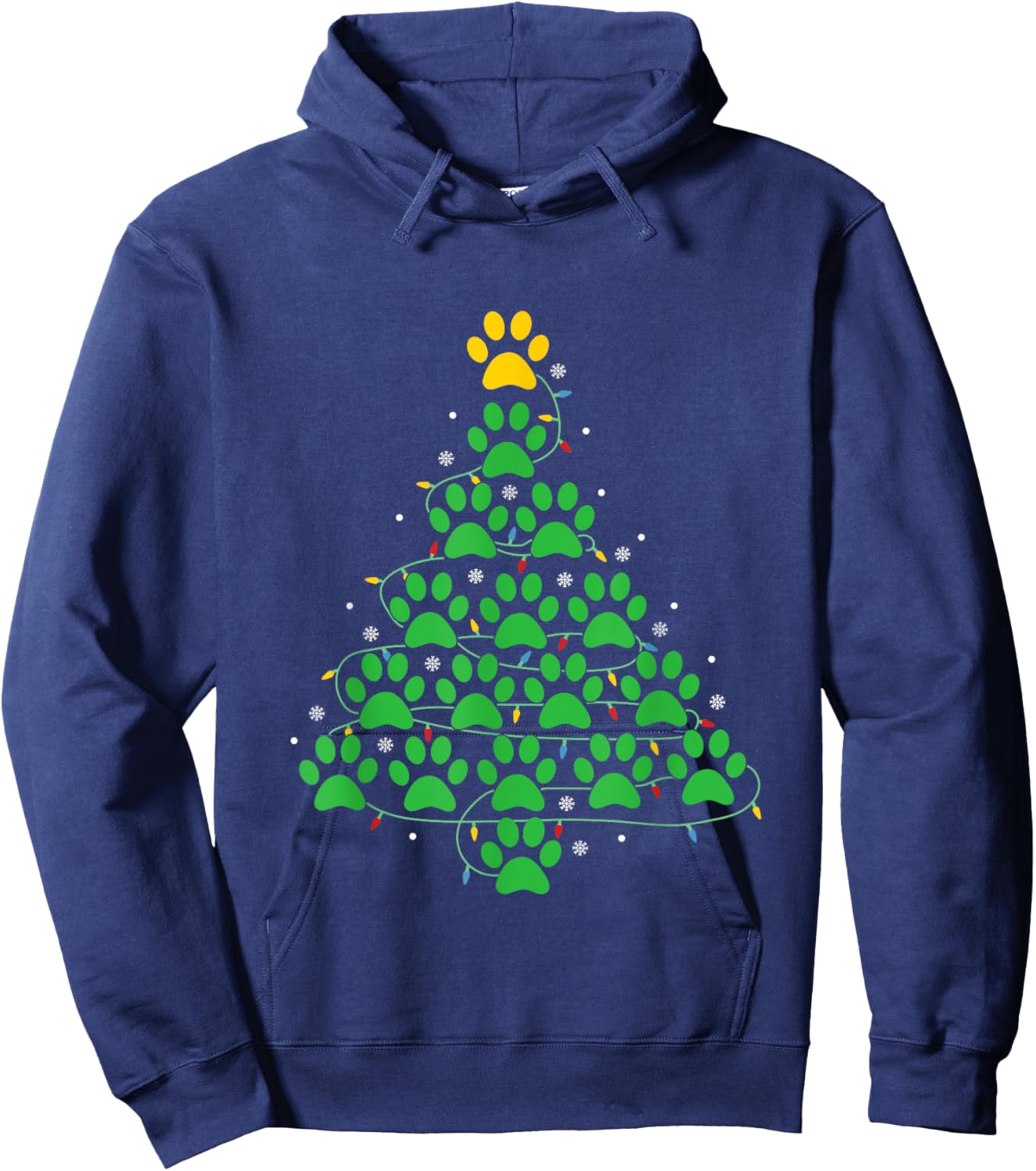 Dog Paw Christmas Design Lr -Adult Dog Paws Print Christmas Tree Lights Dog Lover Hoodie - Hoodie | Navy