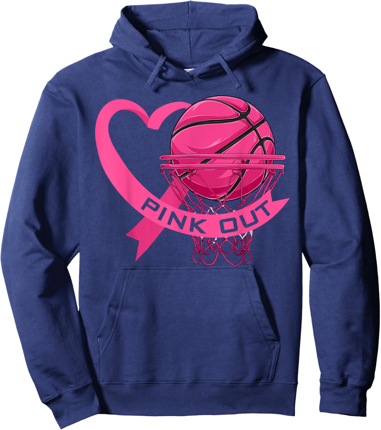 Pink Out Breast Cancer Pink Ribbon Heart & Basketball Ball Hoodie - Hoodie | Navy
