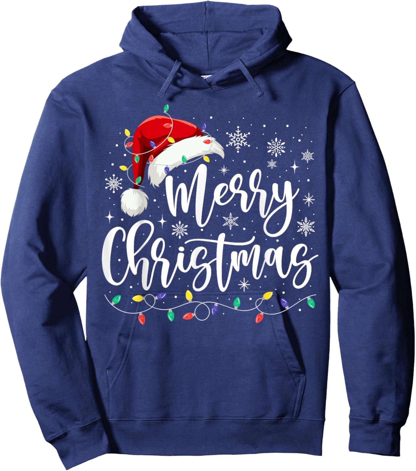 Merry Christmas Lights Red Santa Hat Xmas Family Men Women Hoodie - Hoodie | Navy