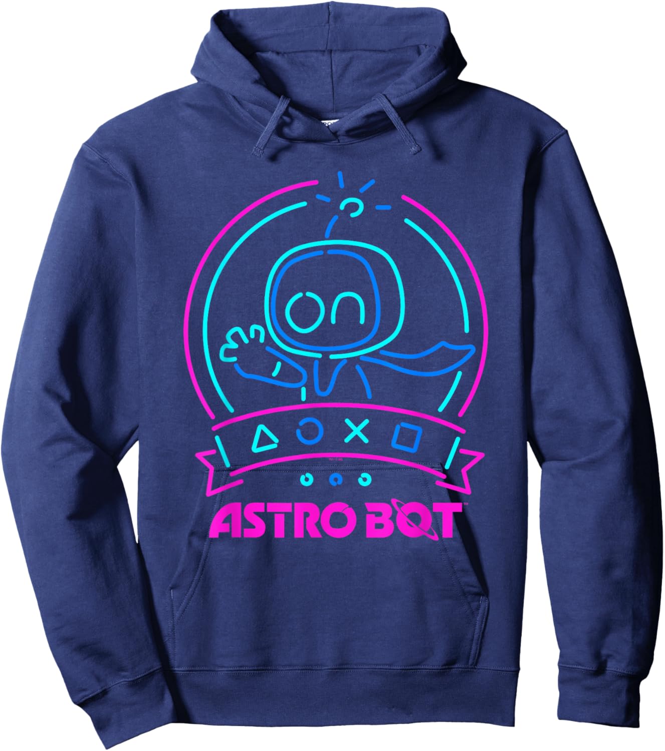 Astro Bot Neon Waving Character with Icons Video Game Hoodie - Hoodie | Navy
