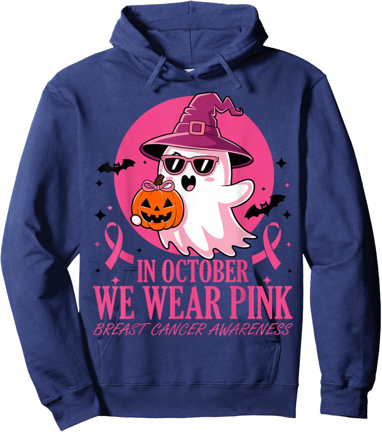 In October We Wear Pink Breast Cancer Awareness Halloween Hoodie - Hoodie | Navy