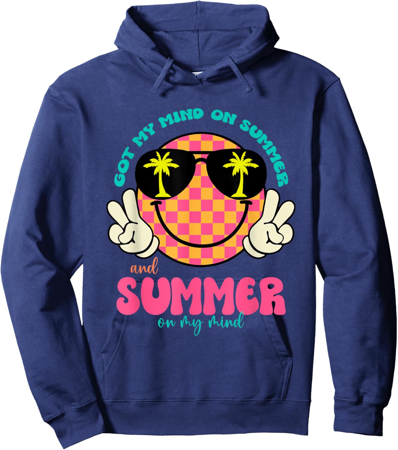 Groovy Happy Face Summer Vibes Got My Mind On Summer Teacher Hoodie - Hoodie | Navy