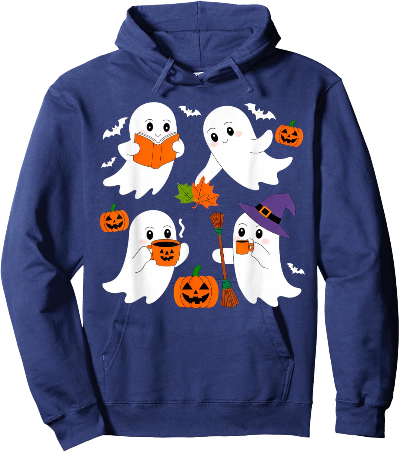 Cute Ghost Drinking Coffee Halloween Fall Ghost Book Reading Hoodie - Hoodie | Navy
