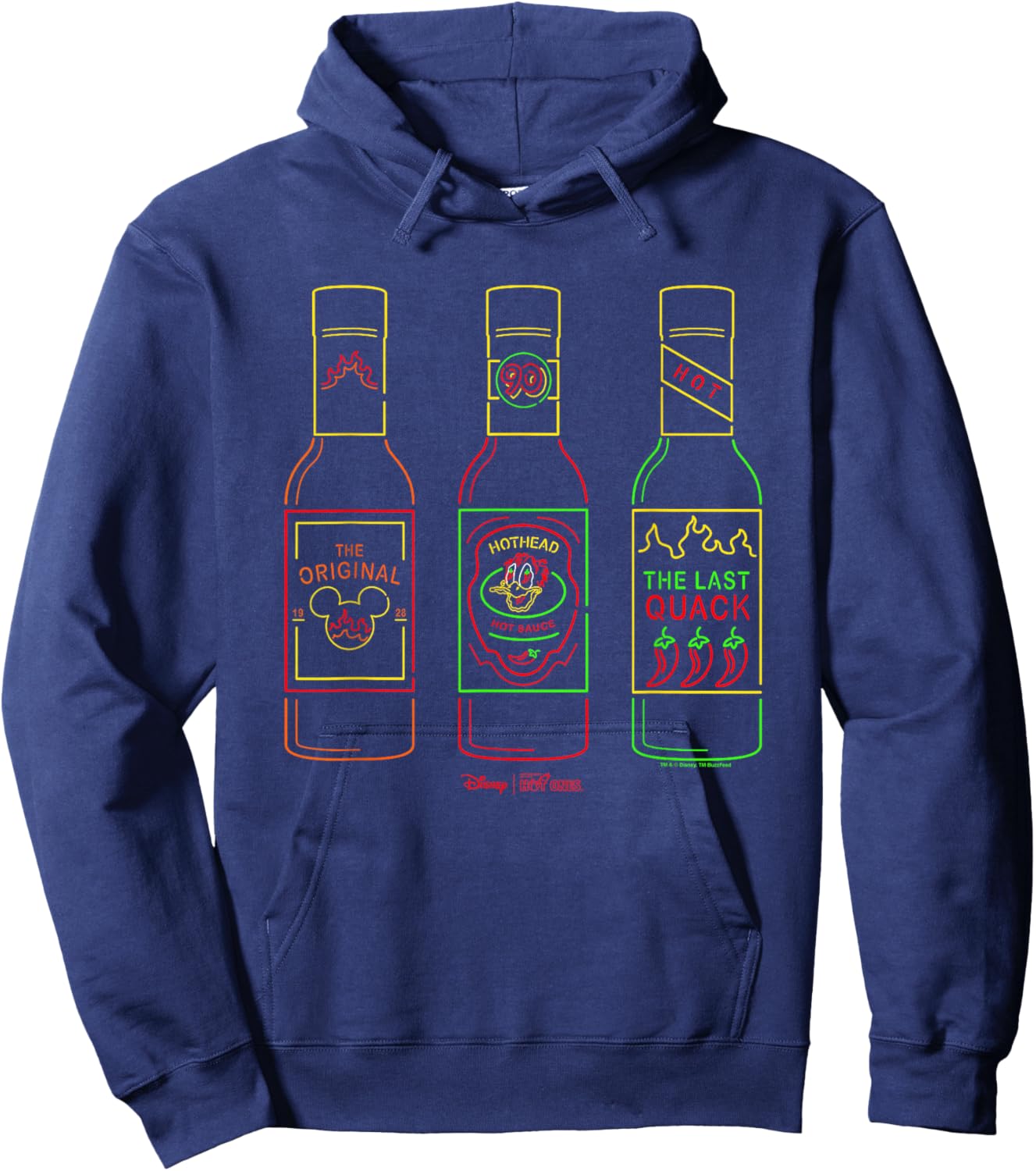 Disney Hot Ones Donald Duck Sauces Lineup Retro Neon Outline Hoodie - Hoodie | Navy