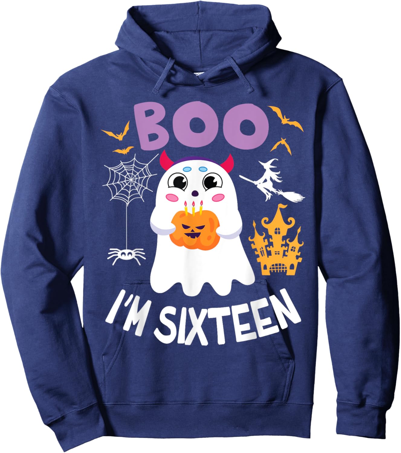 Ghost Hold Pumpkin Birthday Candles BOO I'm Sixteen Years Hoodie - Hoodie | Navy