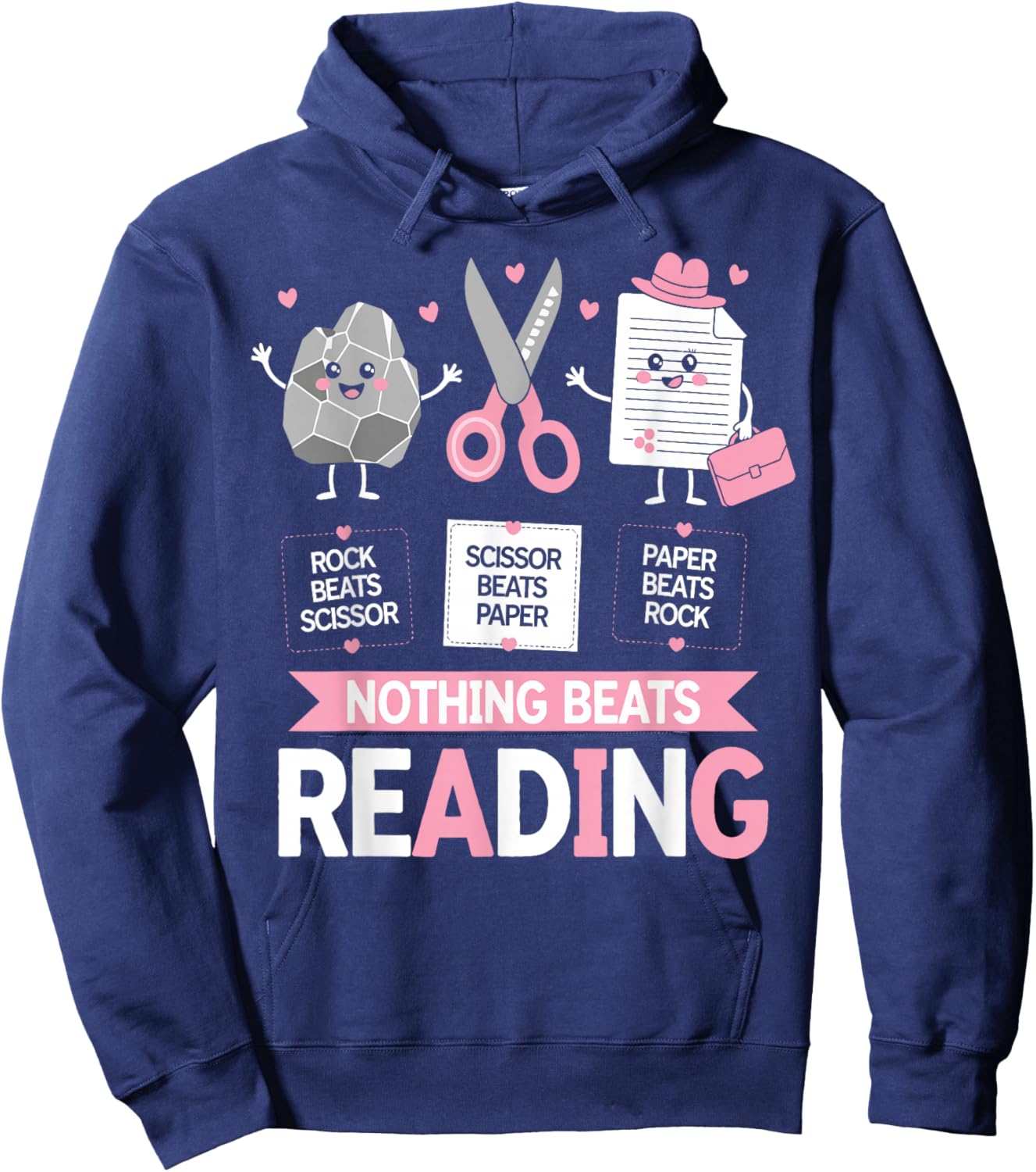 Nothing Beats Reading Funny Rock Paper Scissors Book Lover Hoodie - Hoodie | Navy