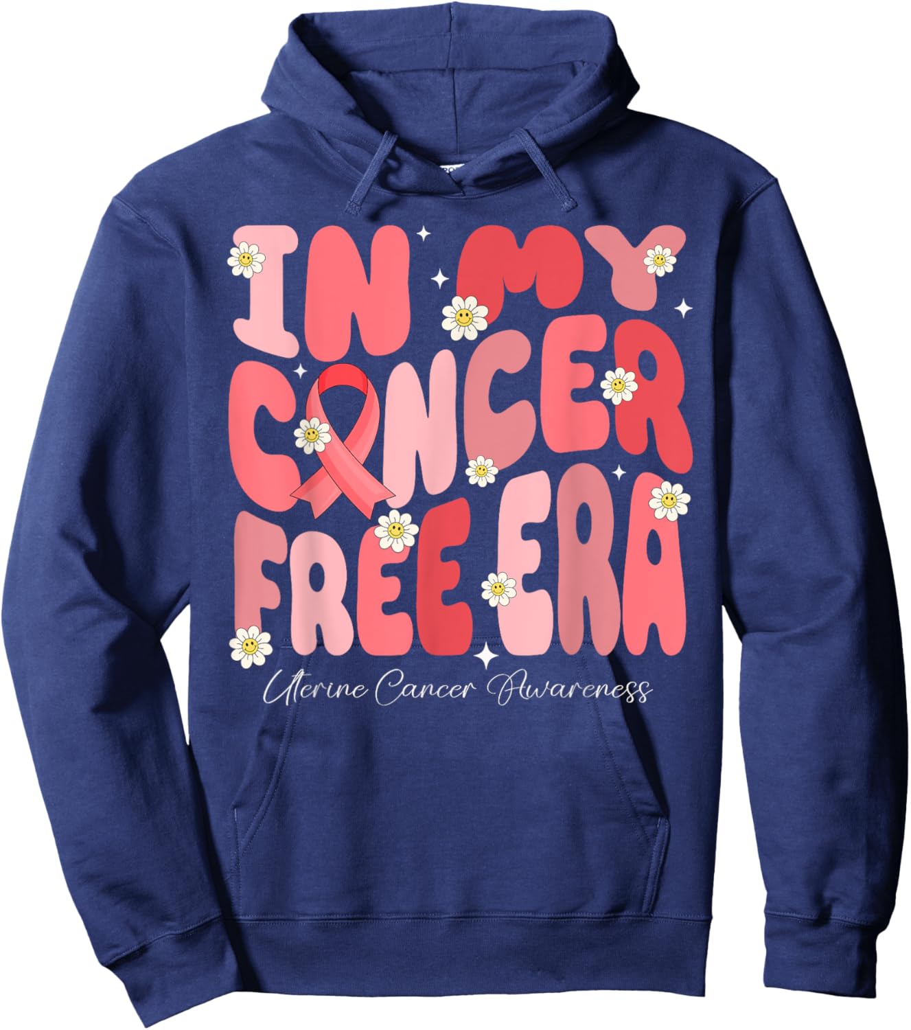 In My Cancer Free Era Uterine Cancer Warrior Groovy Flower Hoodie - Hoodie | Navy