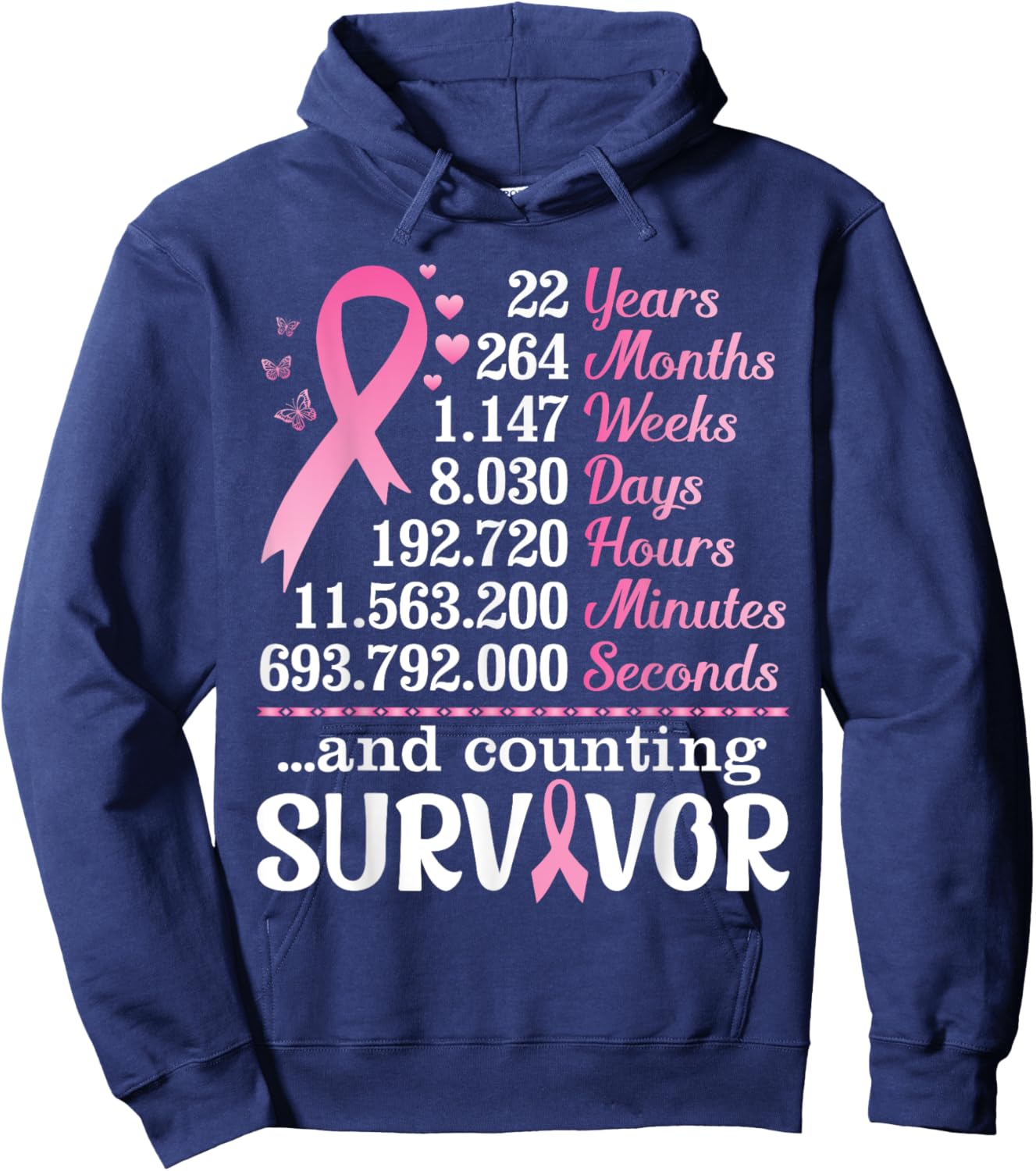 22 Years 264 Months Fighting Breast Cancer Counting Survivor Hoodie - Hoodie | Navy