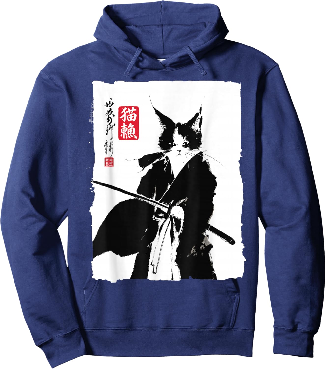 Japanese Samurai Cat Art Vintage Sumi-e Ink Painting Hoodie - Hoodie | Navy