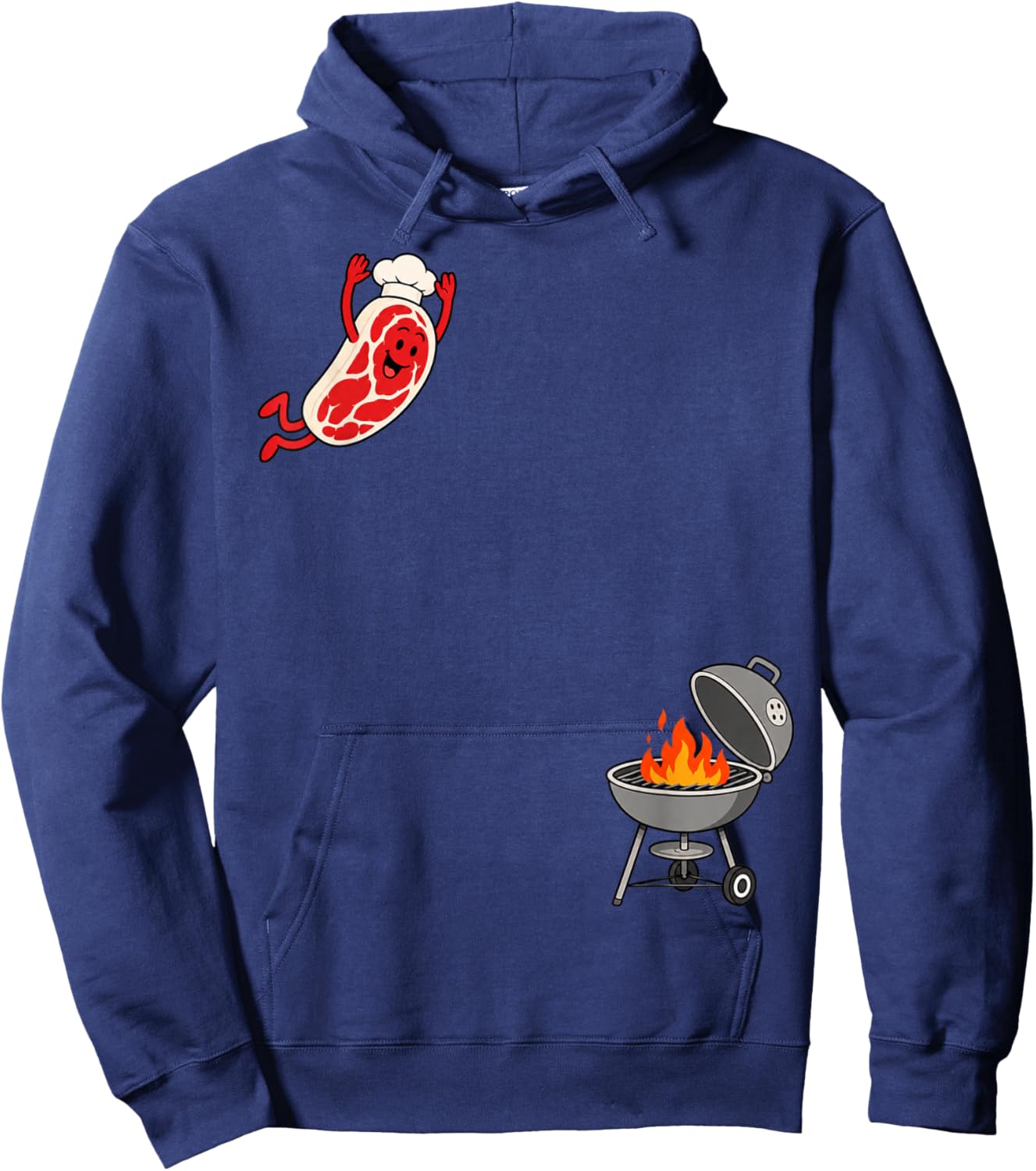 Funny Chef Steak Jumping Into BBQ Grill Cartoon Hoodie - Hoodie | Navy