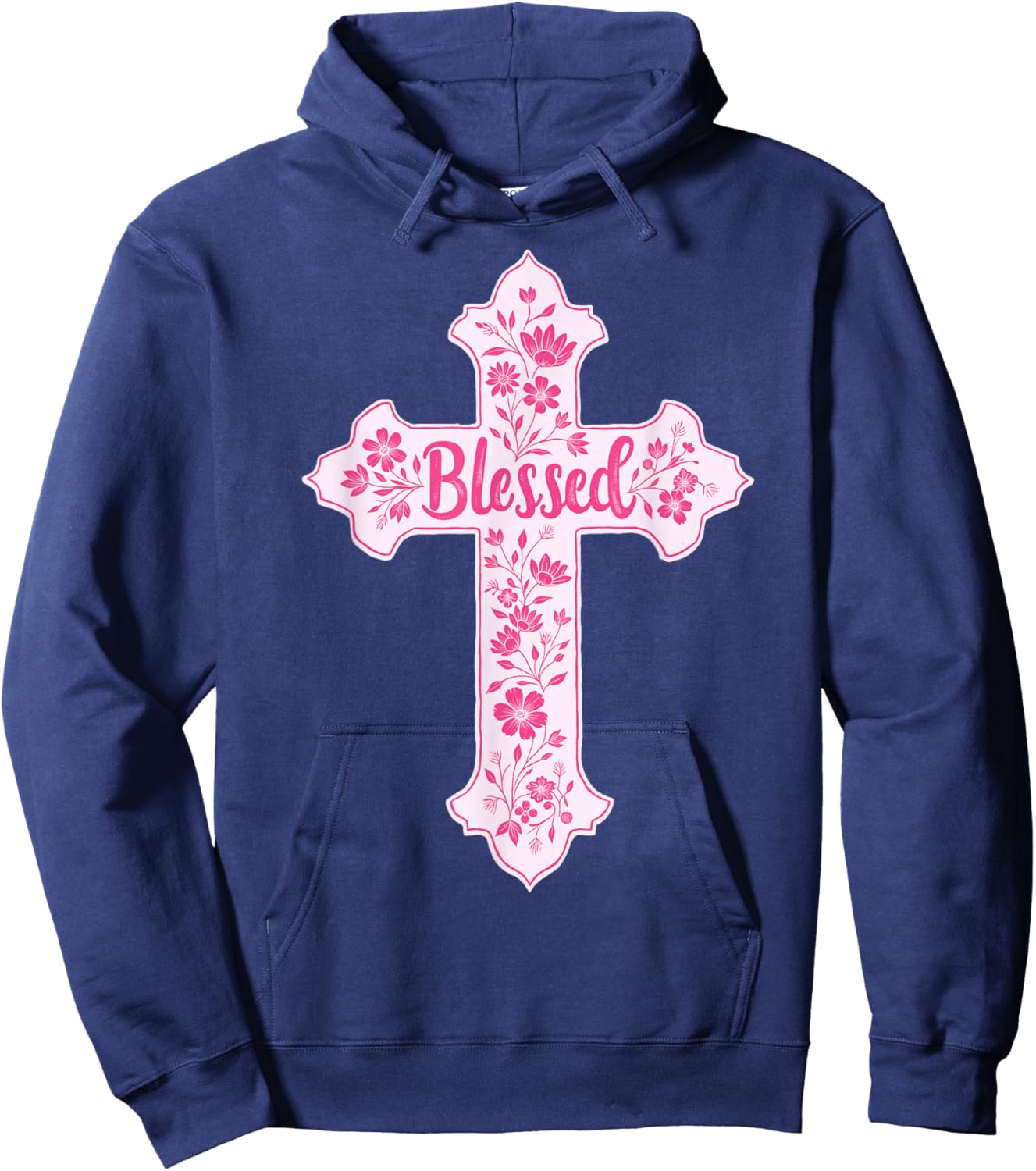 Christian Faith Cross Pink Toile Chinoiserie Floral Hoodie - Hoodie | Navy