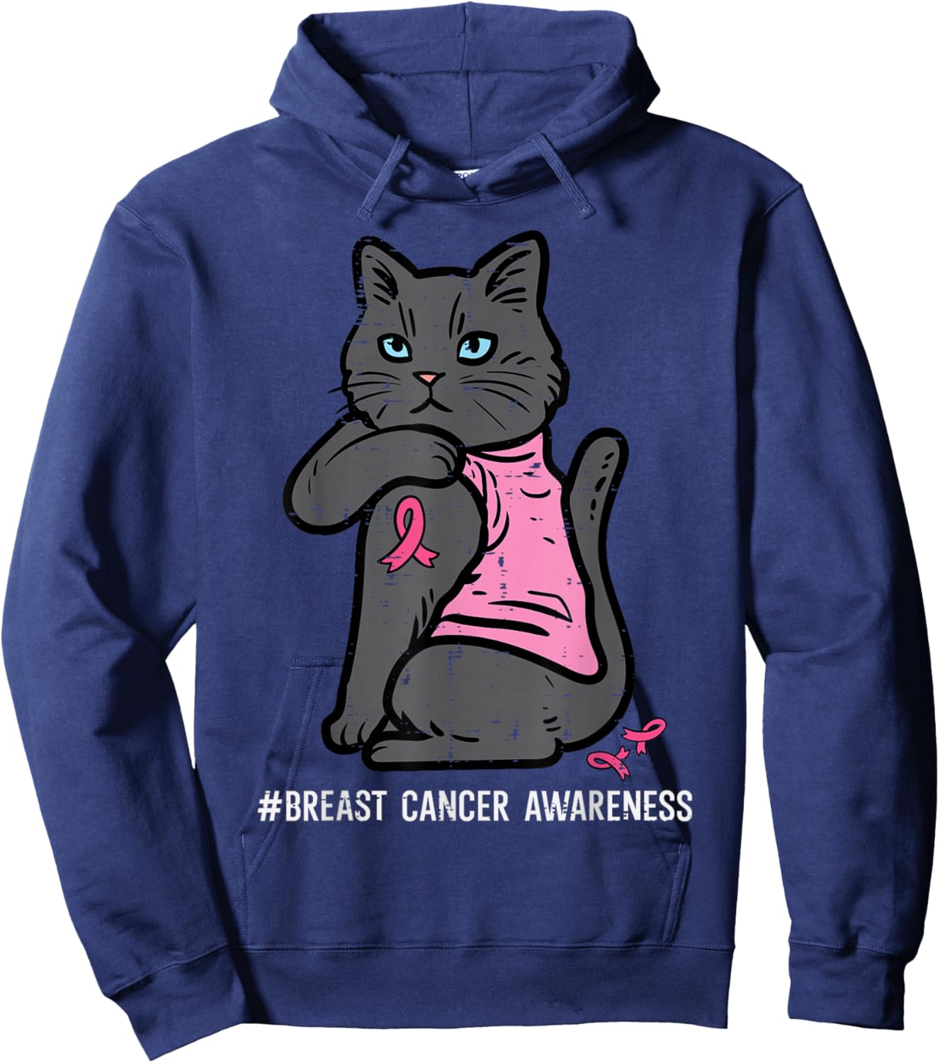 Breast Cancer Cat Pink Ribbon Awareness Women Girls Kids Hoodie - Hoodie | Navy