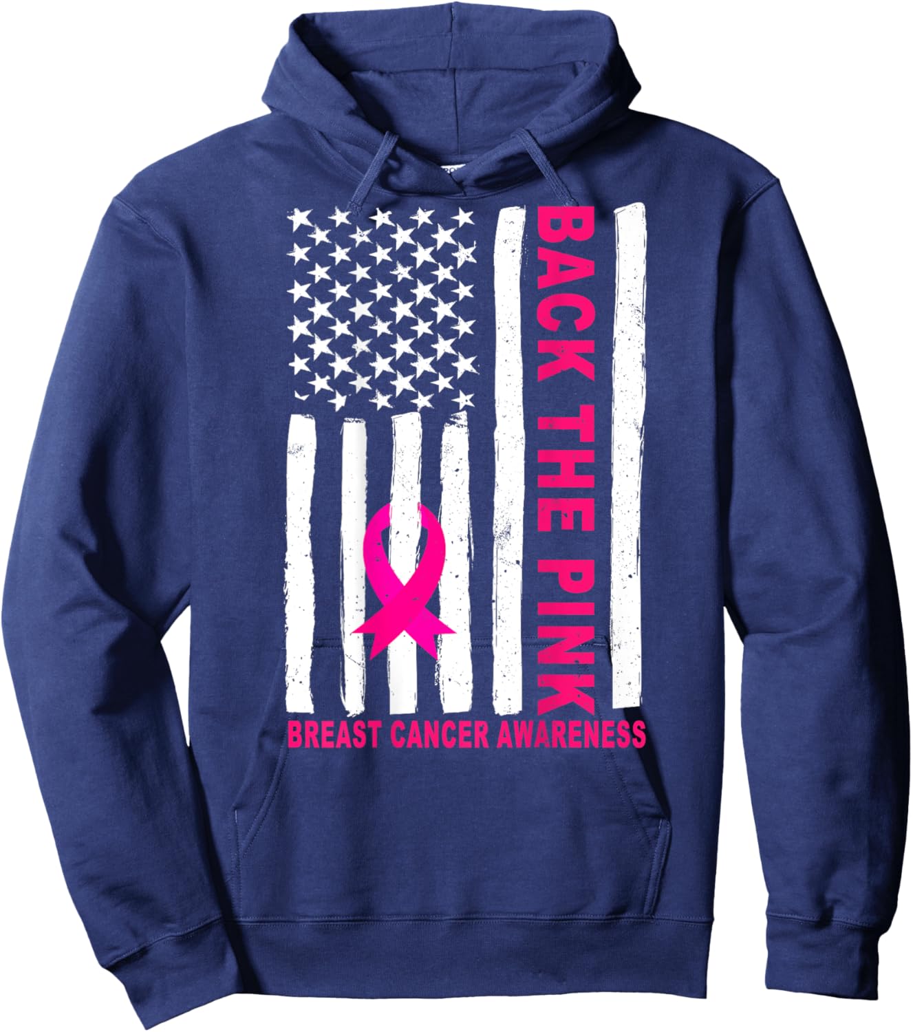 Back The Pink Ribbon USA Flag Breast Cancer Awareness Hoodie - Hoodie | Navy