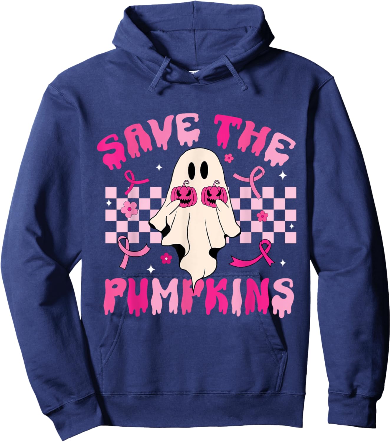 Rero Groovy Save The Pumpkins Ghost Breast Cancer Awareness Hoodie - Hoodie | Navy