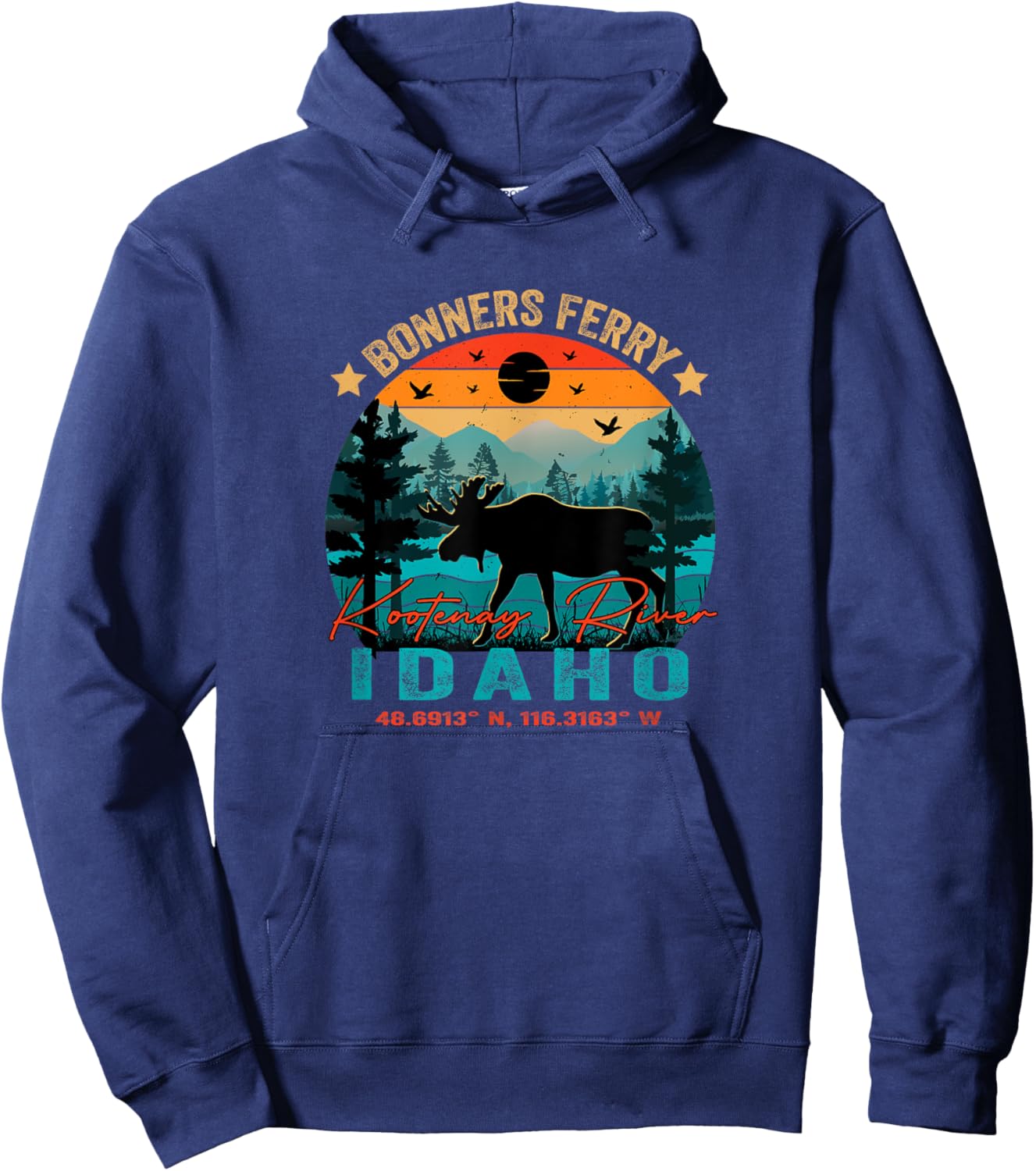 Bonners Ferry Idaho ID Retro Sunset Vintage Moose Mountains Hoodie - Hoodie | Navy