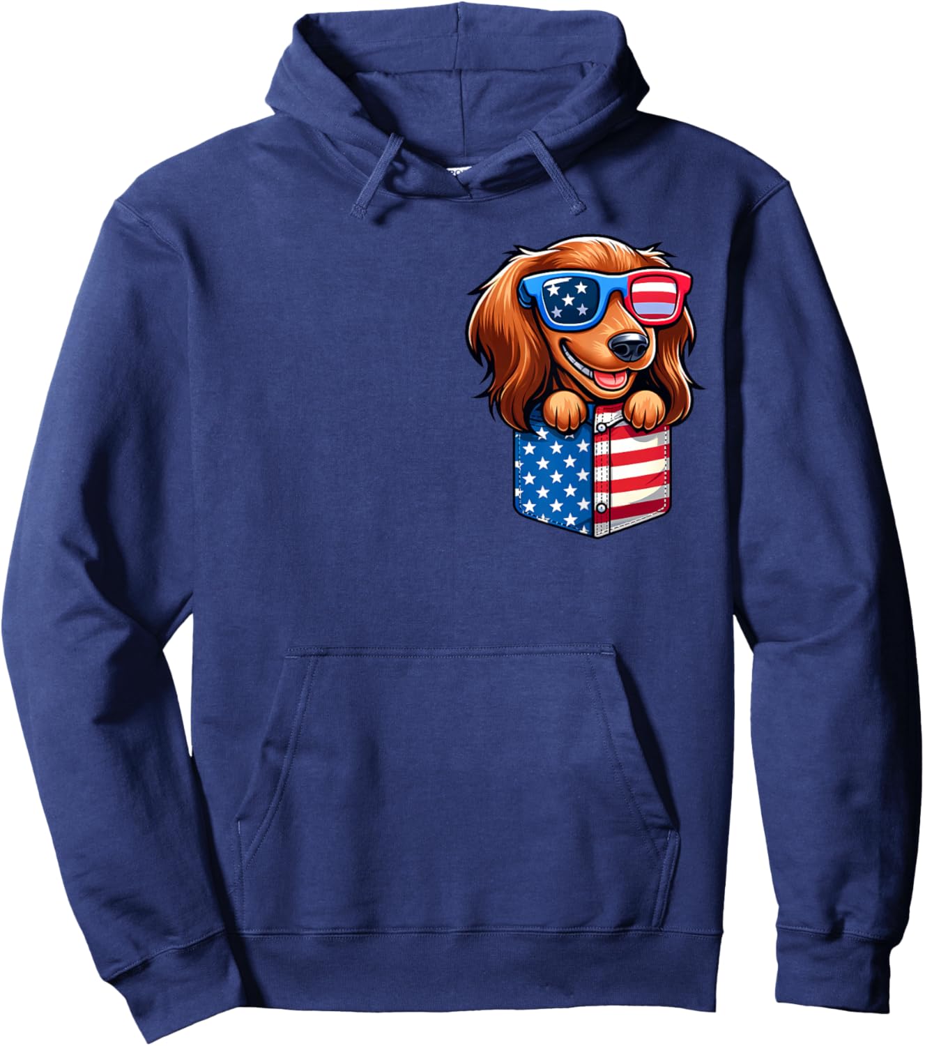 Long Hair Dachshund 4th July USA Flag In Pocket America Hoodie - Hoodie | Navy