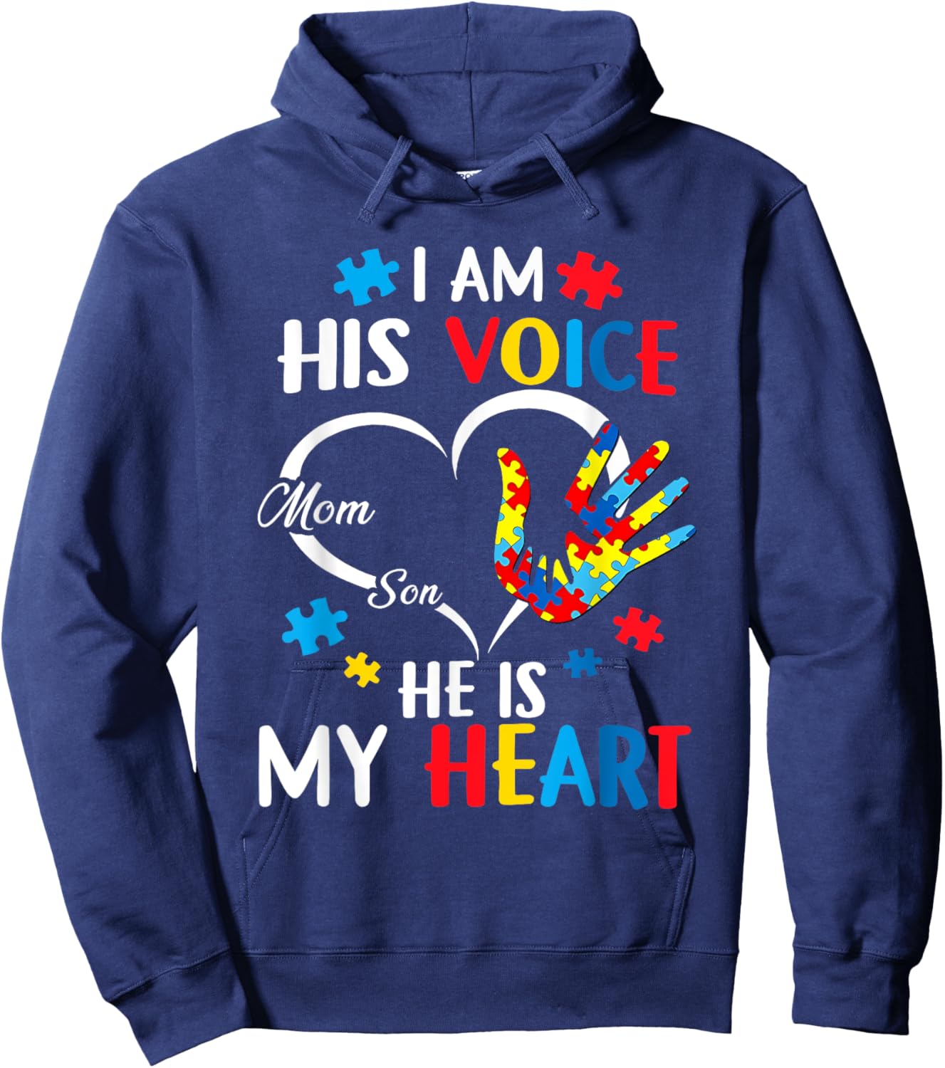 I Am His Voice, He Is My Heart, Autism Awareness Mom and Son Hoodie - Hoodie | Navy