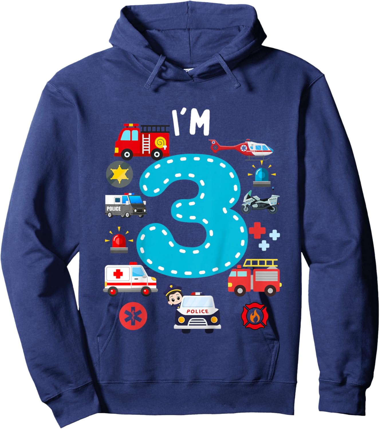 Kids 3rd Birthday Emergency Vehicles Boys 3Years Old Toddler Kids Hoodie - Hoodie | Navy