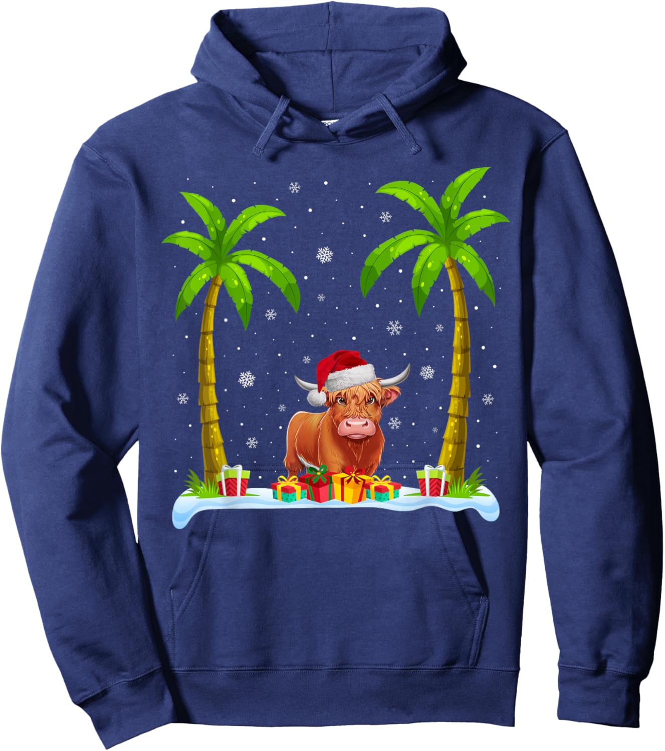 Highland Cow Santa Hat Palm Tree Beach Xmas Pajama Hoodie - Hoodie | Navy