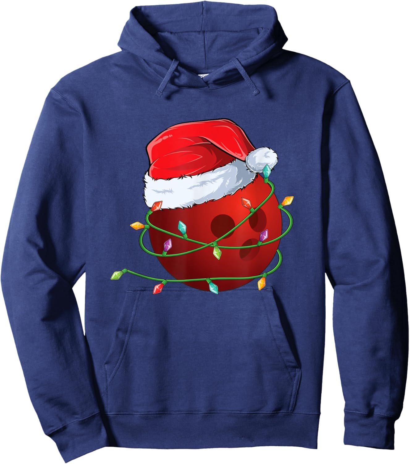 Christmas Bowling ball Santa Hat wrapped in Holiday Lights Hoodie - Hoodie | Navy